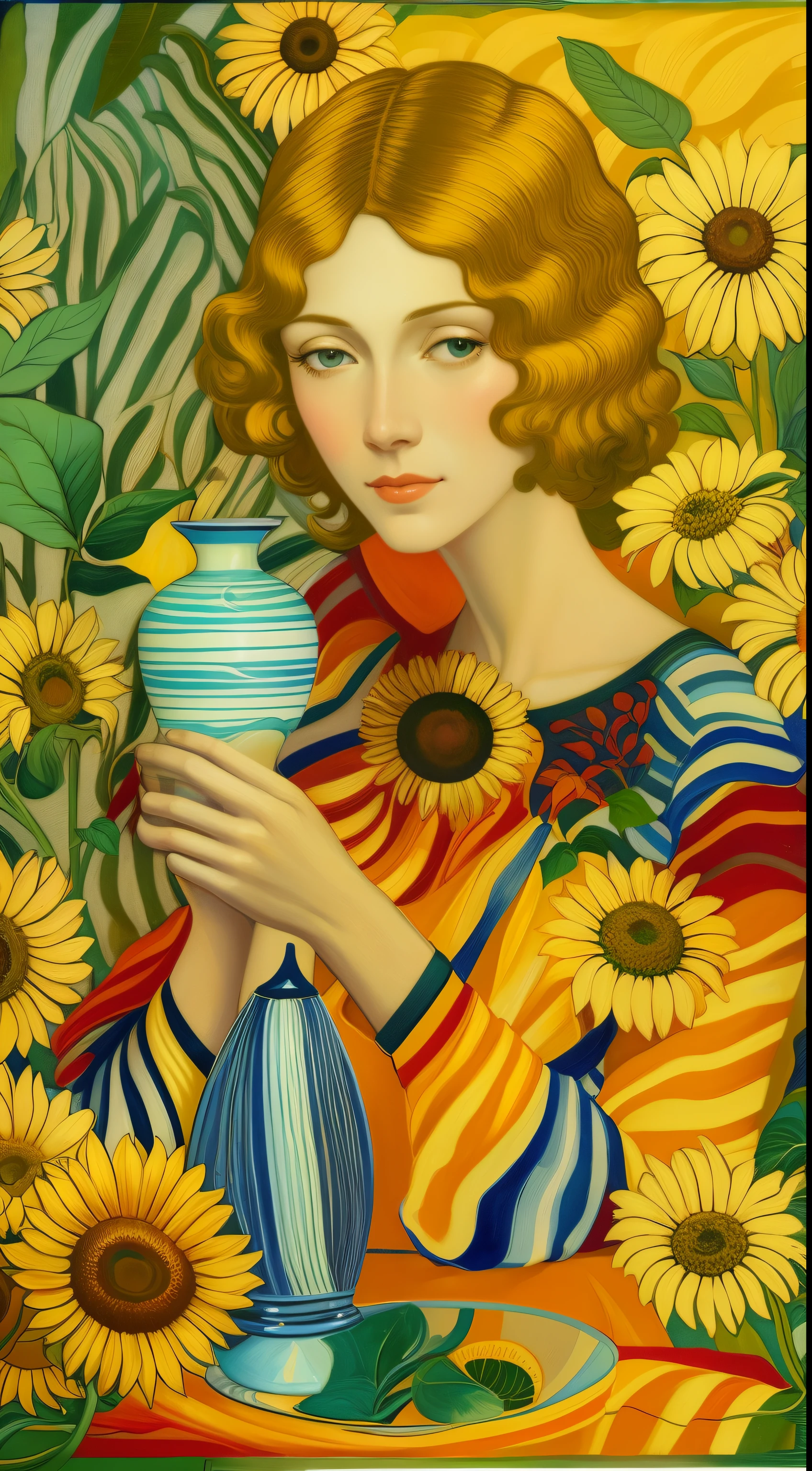 painting of a woman holding a vase with sunflowers in front of her, inspirado em J.C. Leyendecker, inspirado em J. C. Leyendecker, inspirado em Coles Phillips, inspirado em Stevan Dohanos, gengibre. Arte Nova, inspirado em Diane Dillon, Directed by: Tina Blondell, Catarina Nolin, em uma mistura de estilo de botticelli