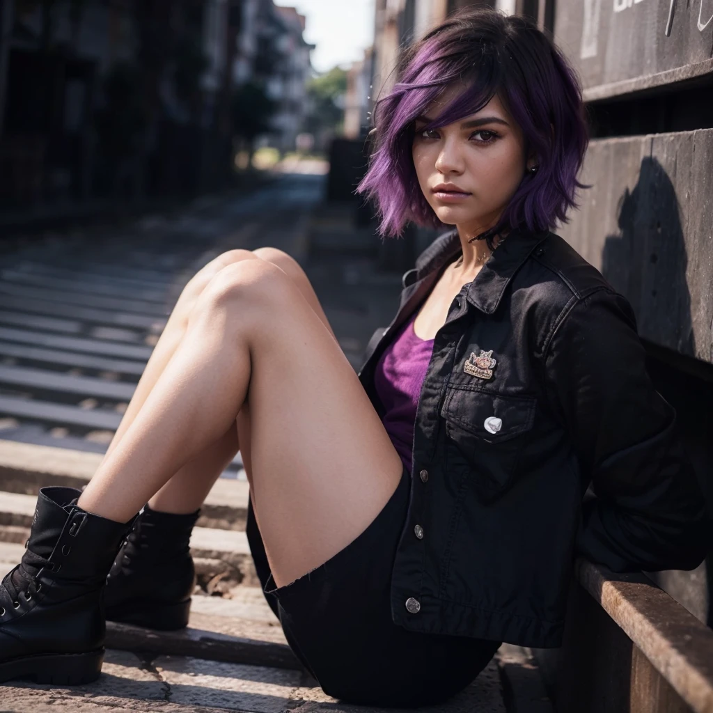 (best quality,Realistic:1.2),ultra-detalhado,Menina com cabelo roxo,camisa roxa,vivid colors,fotorrealista,cabelo preto com pontas roxas,fierce expression,Olhos azuis claros