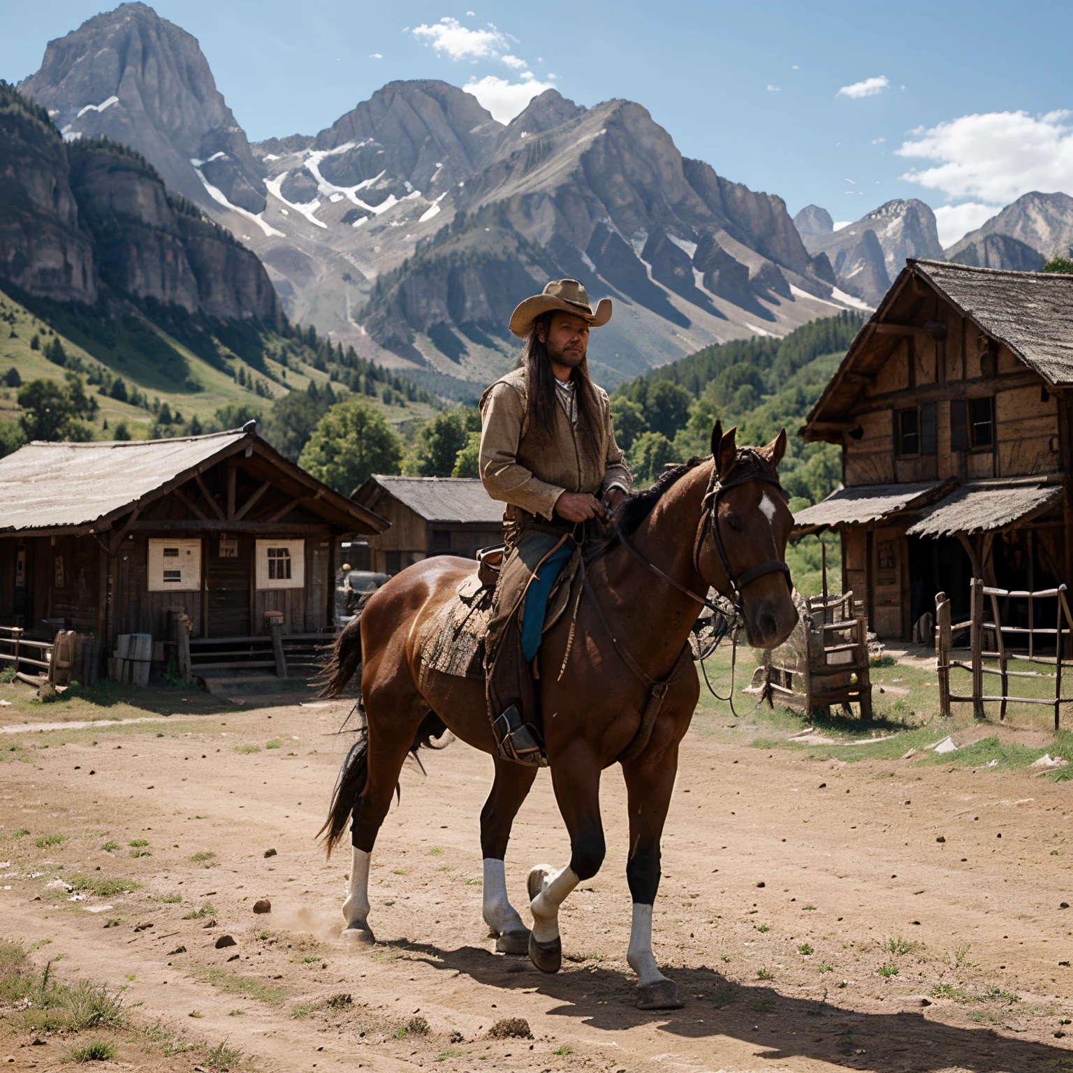 Village, cowboy background, guns, horses