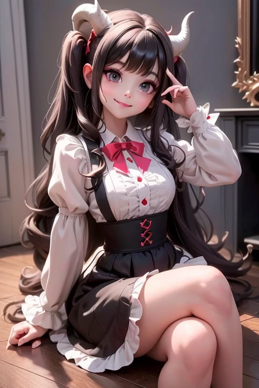 a (horned Demon girl) smiling sitting on the floor, looking herself into a hand mirror, black hair, big hair bow, red smokey eyes makeup, black puffy skirt, white collared crop shirt, short puffy sleeves, pumps, attractive pose, cute elegant pose, dynamic low angle shot