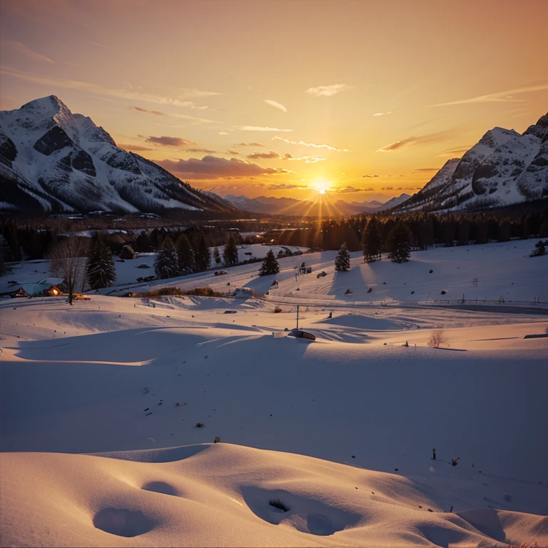 a realistic sunset with the sun setting between the mountains