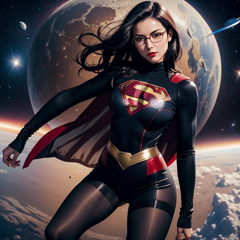 A hyper realistic, detailed mature woman 25 years old, black Hair, Cheveux Longs Ondulé , red lips, glasses,Supergirl Suit (skirt and tights)   In Space , beautiful breasts, slim waist, hourglass figuure, black tights , handsome, absolutely stunning, looking seductively at the camera,