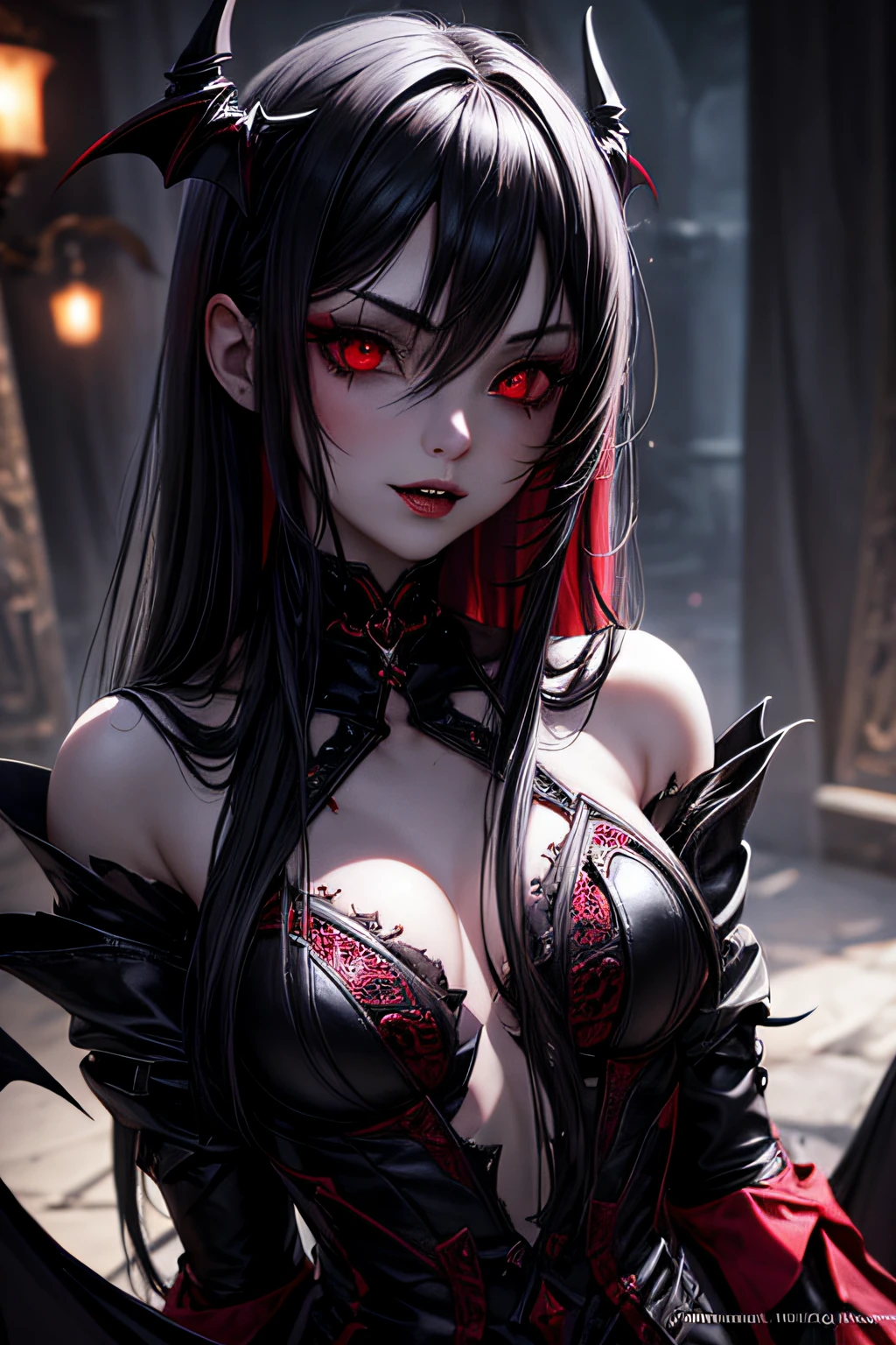 girl, dark vampire, evil look, vampire dress, red eyes, fangs, sexi, small breasts, dark aura, highly detailed, vibrant appearance, creative behavior, imaginative, sensual, spontaneous, highest quality, skin texture, intricate details, (cinematic lighting), RAW photo, 8k
