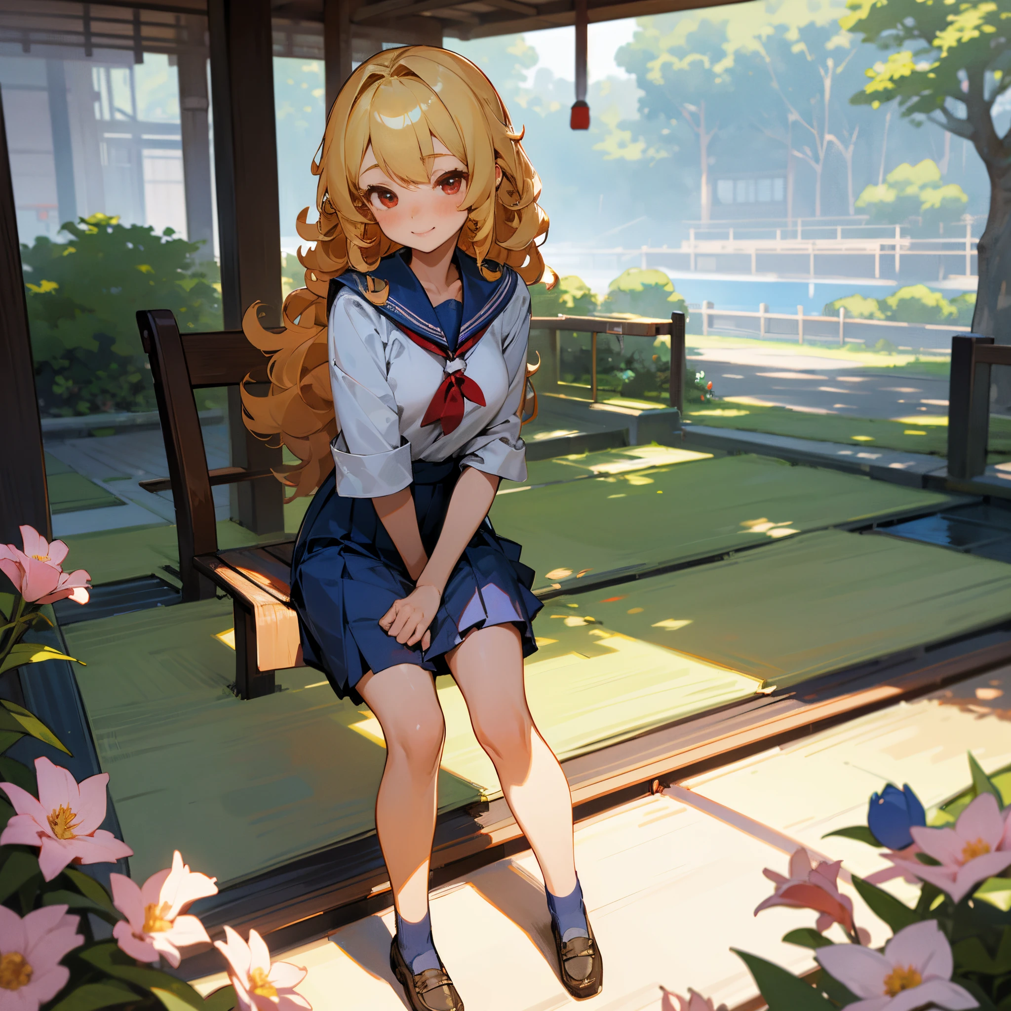 1female, , blonde curly hair, finely detailed red eyes, medium length hair, blue japanese sailor girl uniform, standing on path, japanese school, sitting on bench, light smile, blushing cheeks, flowers
