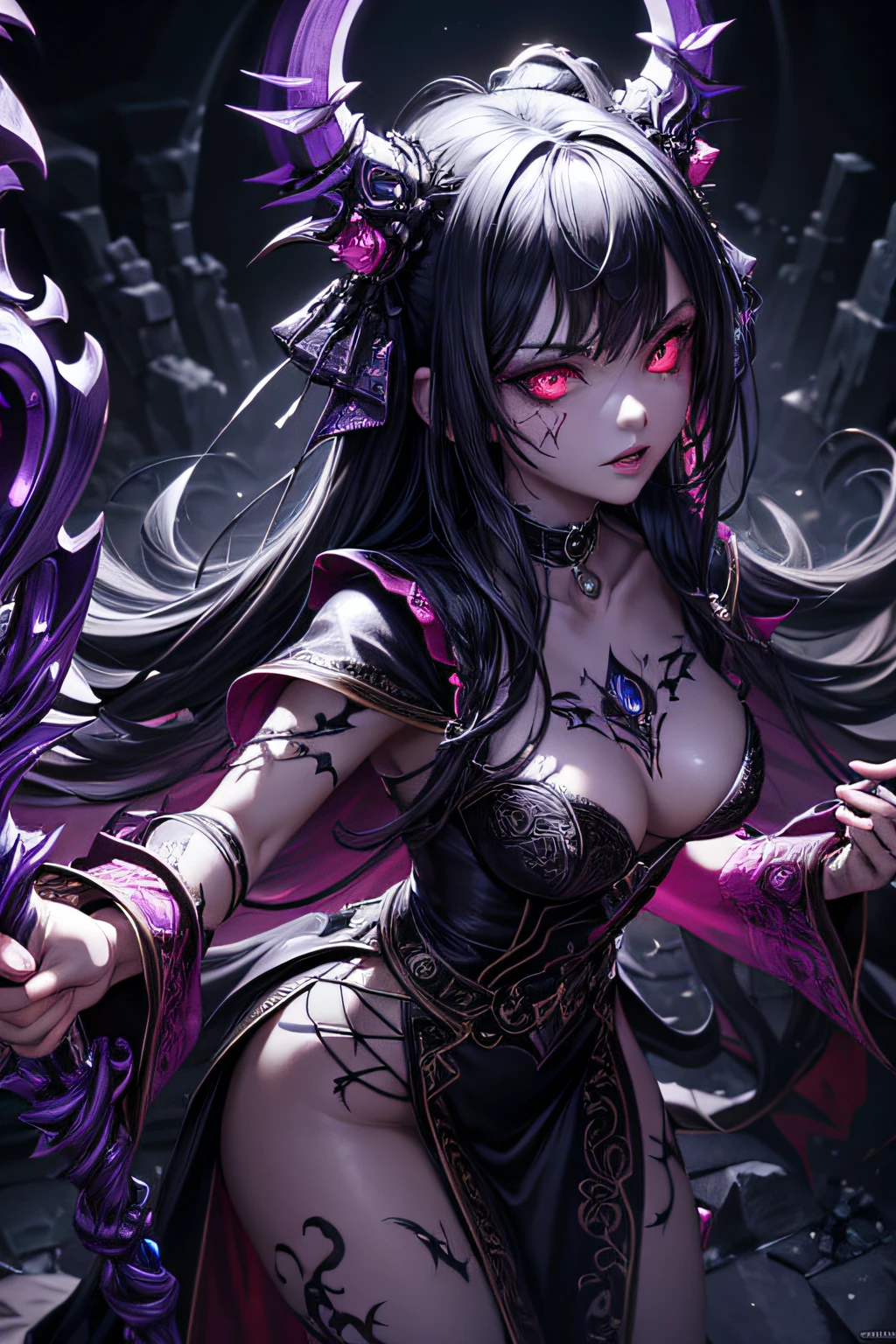 girl, dark necromancer, evil look, necromancer dress, wielding a staff, using dark magic, sexi, small breasts, facepaint, bodypaint, dark aura, menacing, psychotic, highly detailed, vibrant appearance, creative behavior, imaginative, sensual, spontaneous, highest quality, skin texture, intricate details, (cinematic lighting), RAW photo, 8k, masterpiece,best quality,ultra-detailed,very detailed illustrations,extremely detailed,intricate details,highres,super complex details,extremely detailed 8k cg wallpaper,