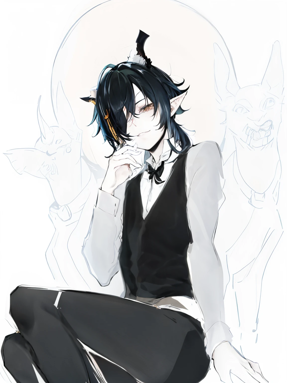 a man sits on the chair，Anime drawing of a devil behind you, inspirado em Okumura Masanobu, Inspired by Okumura Togyu, with pointy ears, From a mysterious academic community, Zero art, long and pointed ears, Lingchang, author：Yukika Kamisaka, through new arts, portrait of ((mischief))