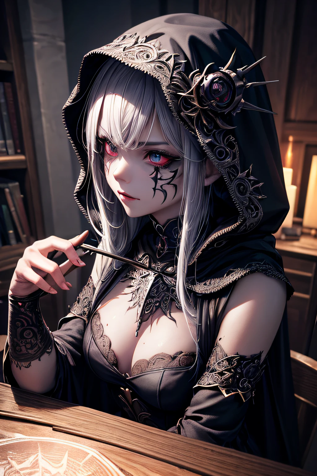 girl, dark necromancer, evil look, necromancer dress with hood, wielding a staff, using dark magic, sexi, small breasts, facepaint, bodypaint, dark aura, menacing, psychotic, highly detailed, vibrant appearance, creative behavior, imaginative, sensual, spontaneous, highest quality, skin texture, intricate details, (cinematic lighting), RAW photo, 8k, masterpiece,best quality,ultra-detailed,very detailed illustrations,extremely detailed,intricate details,highres,super complex details,extremely detailed 8k cg wallpaper,