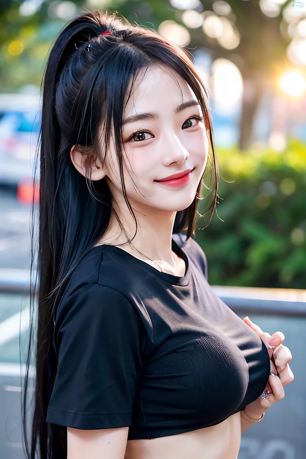 (1girl in)、Colossal tits、breastsout、sun burn、Expose muscles、Sweat muscles、Wavy black hair、Nylon T-shirt、Punk Girl、A dark-haired、cleanness、Look at viewers、a smile