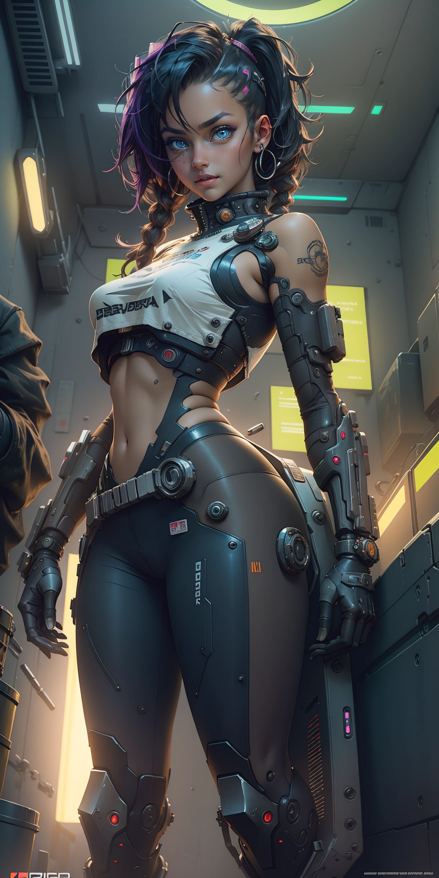 ((Best quality)), ((masterpiece)), (highly detailed:1.3), 3D, black woman goddess (cyberpunk:1.3), woman dressed as sexy one-piece maid, long black hair looking at camera, nsfw