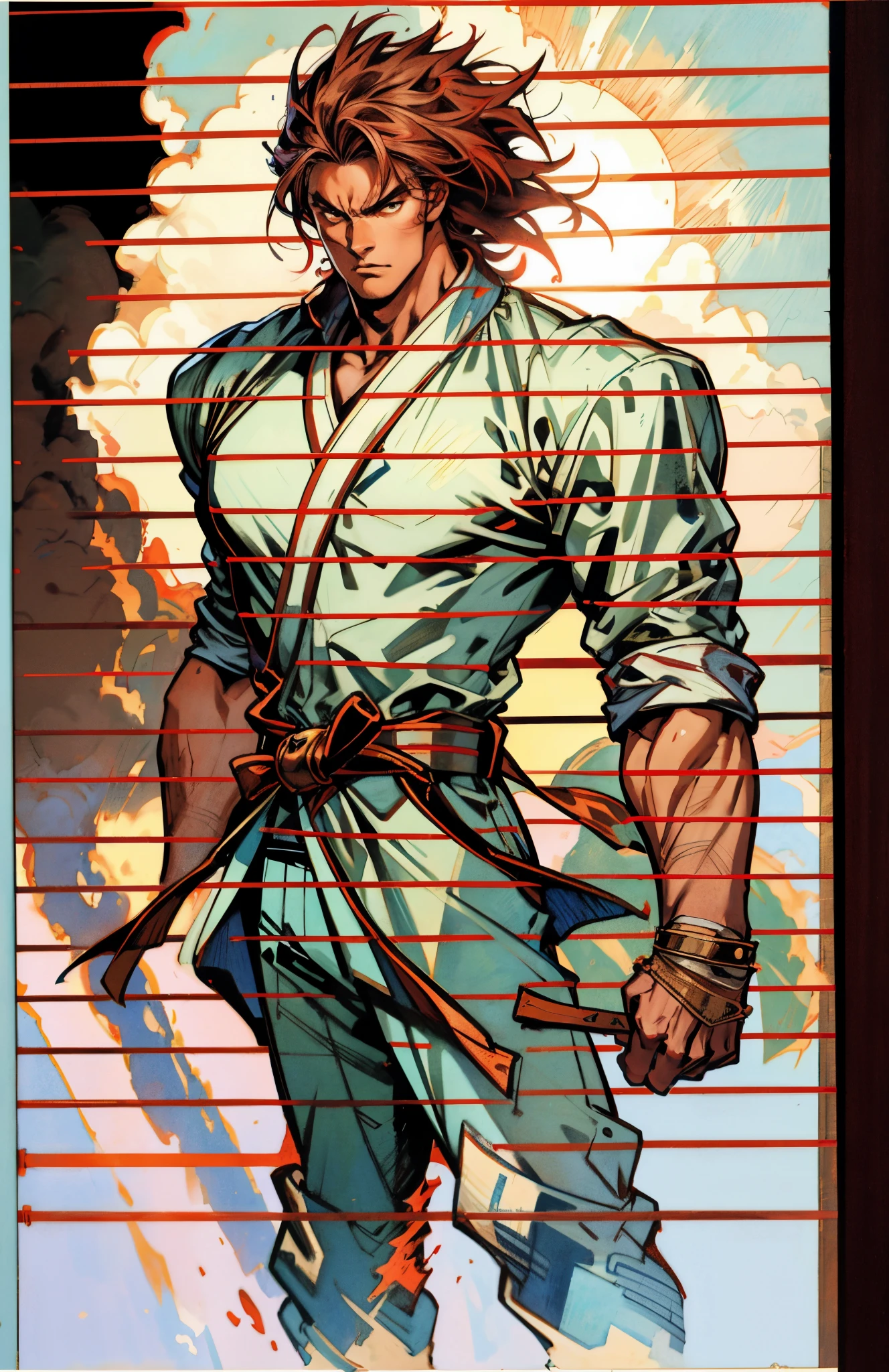 a young man, deep blue short hair, a dense and voluminous spiky hairstyle, two long hair bangs, an arrogant demeanor, a fierce gaze, brown skin, simple solid-colored traditional Chinese clothing, a red belt, flowing hem, red wrist guards, coarse cloth trousers, the surrounding air distorts due to intense heat, the background depicts a volcanic crater erupting with molten lava, this character embodies a finely crafted fantasy-style martial arts in anime style, exquisite and mature manga art style, high definition, best quality, highres, ultra-detailed, ultra-fine painting, extremely delicate, professional, anatomically correct, symmetrical face, extremely detailed eyes and face, high quality eyes, creativity, RAW photo, UHD, 8k, Natural light, cinematic lighting, masterpiece-anatomy-perfect, masterpiece:1.5