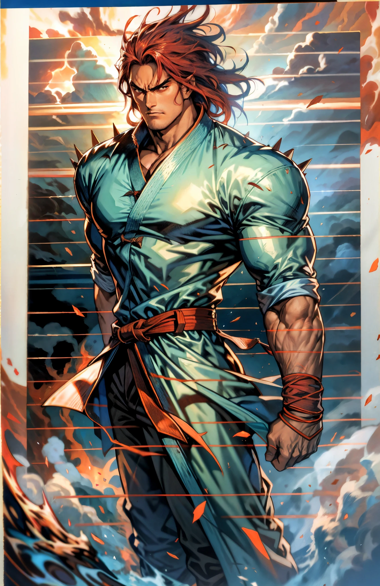 a young man, deep blue short hair, a dense and voluminous spiky hairstyle, two long hair bangs, an arrogant demeanor, a fierce gaze, brown skin, simple solid-colored traditional Chinese clothing, a red belt, flowing hem, red wrist guards, coarse cloth trousers, the surrounding air distorts due to intense heat, the background depicts a volcanic crater erupting with molten lava, this character embodies a finely crafted fantasy-style martial arts in anime style, exquisite and mature manga art style, high definition, best quality, highres, ultra-detailed, ultra-fine painting, extremely delicate, professional, anatomically correct, symmetrical face, extremely detailed eyes and face, high quality eyes, creativity, RAW photo, UHD, 8k, Natural light, cinematic lighting, masterpiece-anatomy-perfect, masterpiece:1.5