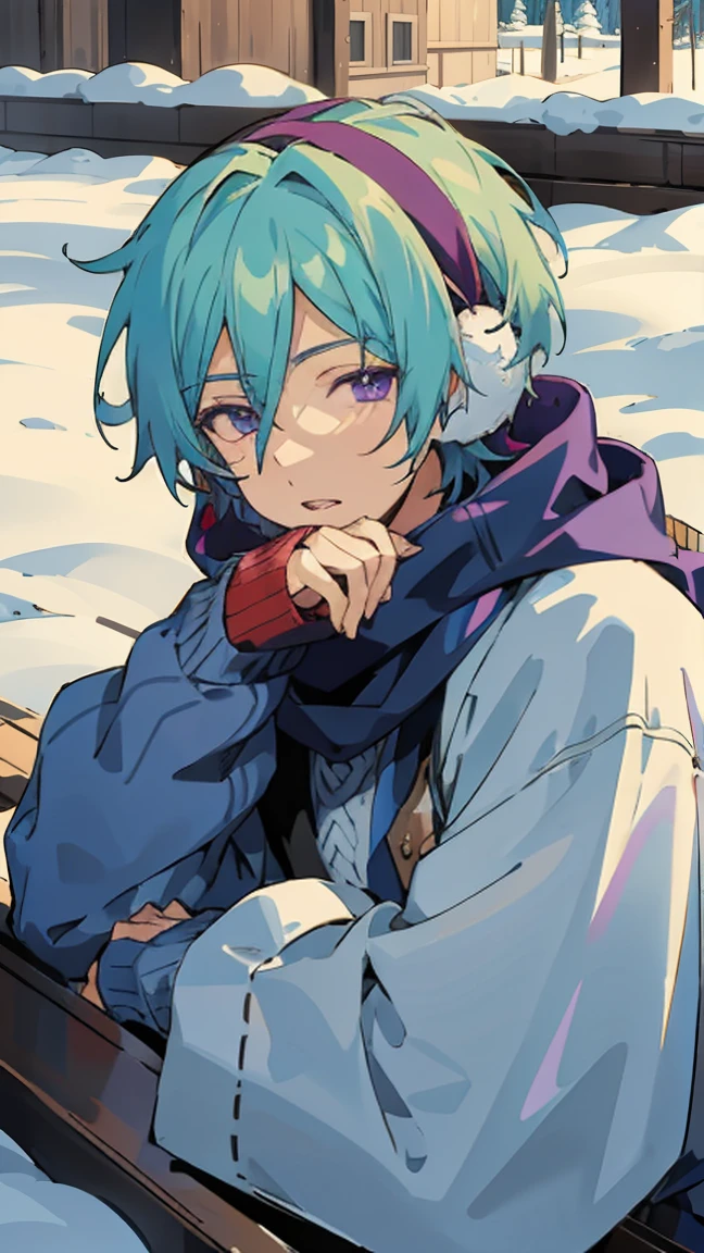 tatsumies, purple eyes, looking at viewer, parted lips, winter, blue eyes, jacket, long sleeves, hair between eyes, sweater, earmuffs, male focus, scarf, snow, lying down, blue sweater