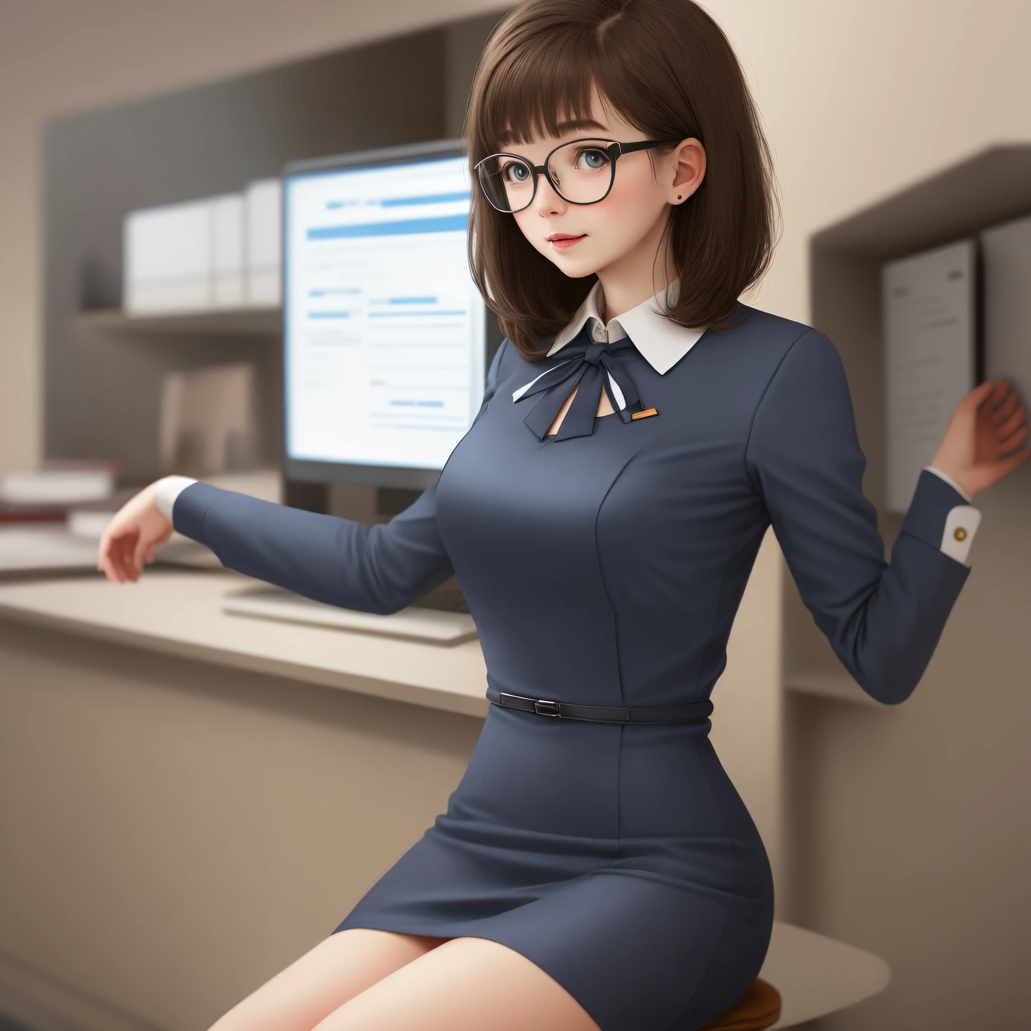 Brunette secretary wearing short dress
