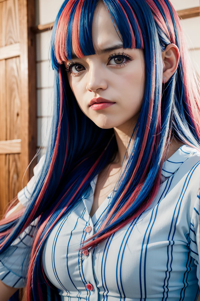 UltiOP, onepieceanime, senos grandes, cabello multicolor, Cabello largo, cabello azul, cabello rosado, flequillo, falda azul, Falda de cintura alta, Camisa blanca, mangas largas, capa azul, dentro,