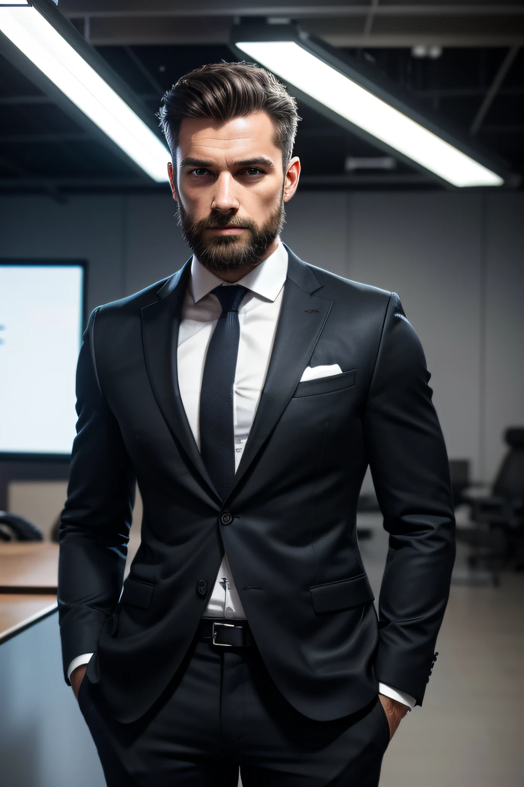 Homme en costume, un petit peu de barbe, Wear a black business suit, Neat model, Montrer son visage, Photo de profil professionnelle, Business Wear, Office Wear, high resolucion, шедевр, beste-Qualit, intricate high detail, highly detailed, mise au point nette, texture, detailled eyes, professionnel, 4K, Tournage en Canon, 85 mm, faible profondeur de champ, Vision couleur Kodak, perfect fit body, extremly detailed, photo_\(ultra\), photo realist, Post-traitement, Maximum details, roughness, real life, ultra realist, rendering, photographie, 8K UHD, photographie (grain de film)