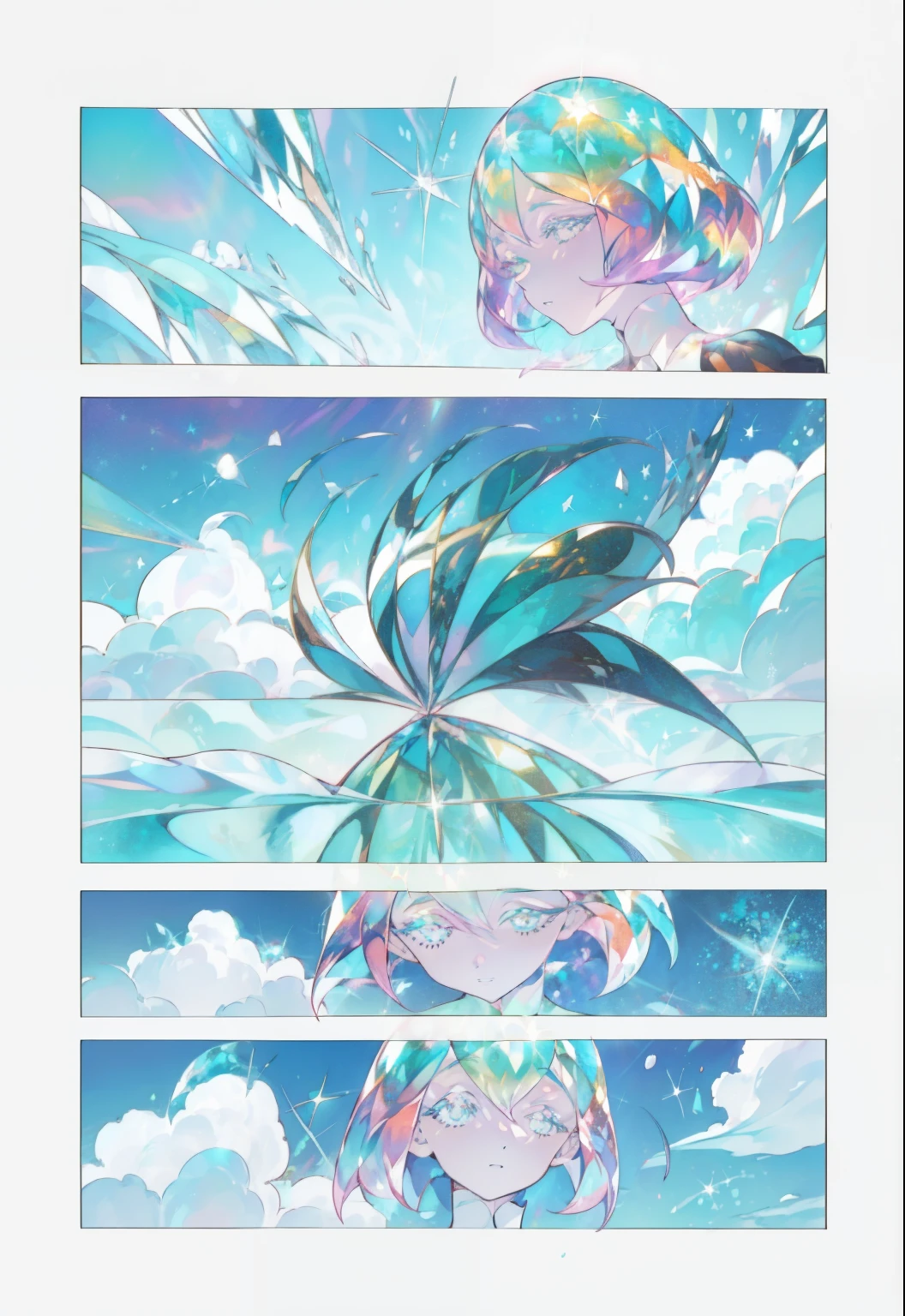 comic book featuring a girl with diamond hair, Manga page, Color manga, anime land of the lustrous, Psychedelic manga, Color manga panel, Color comic strip, Comicbook page, comic style, Color scan of the manga, Very dramatic, white haired deity, Manga color art, Gems, ((radiance, Lots of light)), sparkle of a gem, (( in the style of Ichikawa Haruko)), Stylish deity, Houseki no kuni, The Land of Gems, Diamond from the Land of Gems, ((tmasterpiece)), (((beste-Qualit))), ((ultradetailed)), ((illustartion)), (blue background, white clouds, light mist), Simple background, Blue Sea, illustartion, A kind look, Cute look, wide eyes, Lush eyelashes, side glance, Crystal hair, Glowing Hair, Additional lighting, sparkle, ((Anime clothing "Land of Glitter")), shirt with collar, uniform, tie, puffy short sleeves, Shorts, Smile, puffy short sleeves, Puffy armbands, Shirt, short sleeve, rainbow reflection, mineral hair, mineral life forms, white stockings, white gloves, holds a sword, Rainbow Light, stands with his back to the frame, in the side, Girl with long red hair, 4 frame girl with turquoise hair