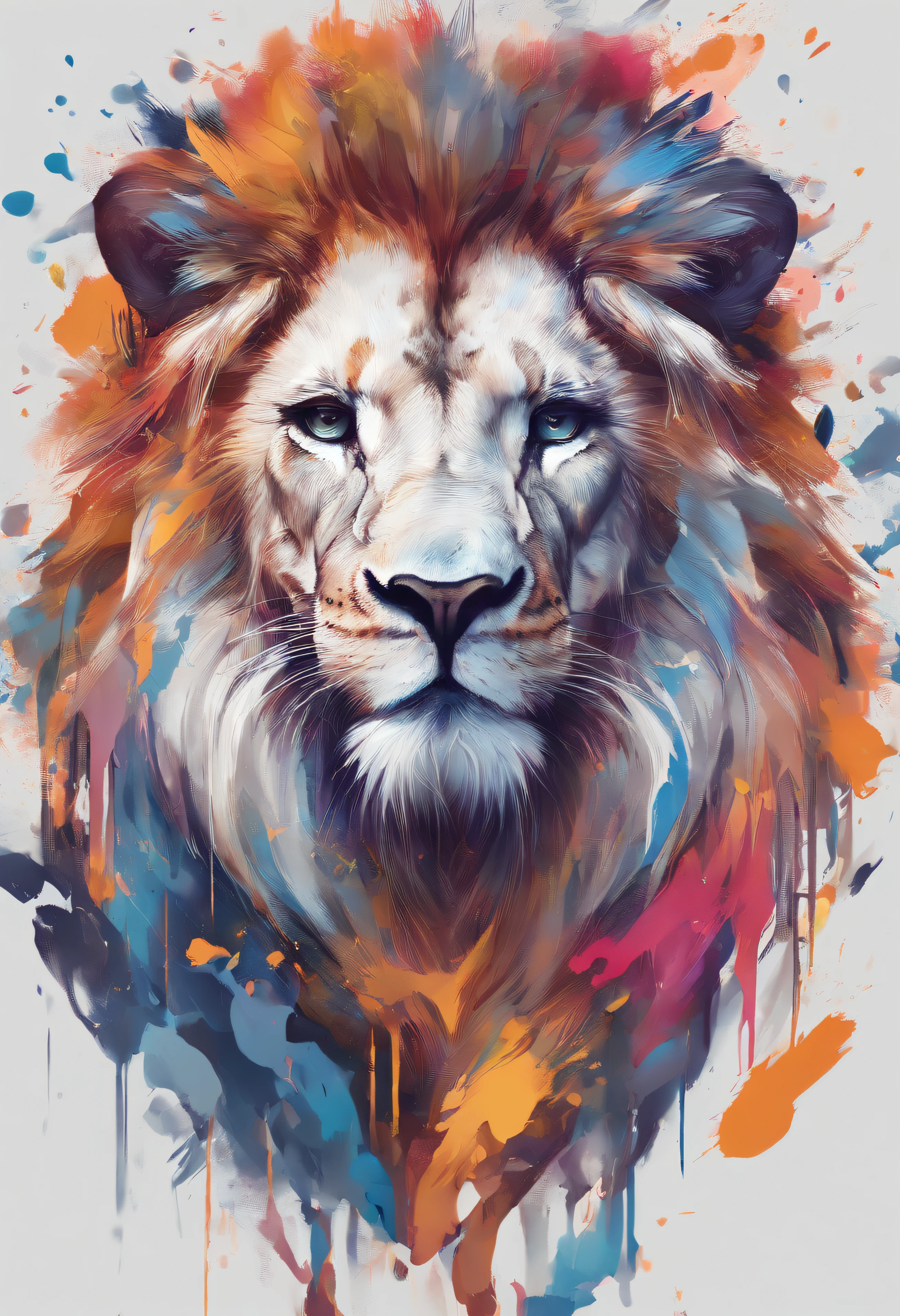 arte splash, a lion head, juba bem detalhada ((fundo branco)), olhos penetrantes, epic instagram, art-station, estilo splash de tinta colorida+, contorno, hiperdetalhado intricadamente detalhado, Motor irreal, genial, detalhes intrincados, tela inicial, cores complementares, conceito realista arte, 8K分辨率, obra-prima do deviantart, oil-painting, pinceladas pesadas, pingos de tinta, artes de salpicos