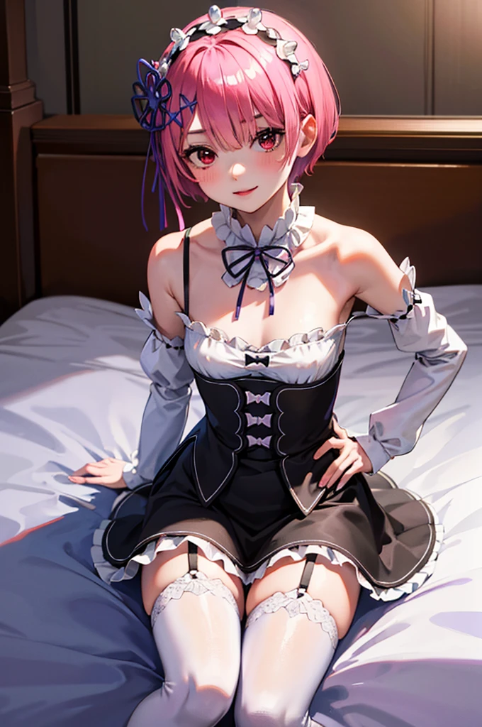 masterpiece, best quality, highres, ram1, 1girl, solo, ram \(re:zero\), pink hair, white thighhighs, short hair, red eyes, hair over one eye, ribbon trim, hair ribbon, x hair ornament, frills, maid headdress, waist apron, garter straps, black ribbon, small breasts, bare shoulder, sexy night dress, purple ribbon, hair flower, smile, bed, hands on own knees, sitting, own hands together,