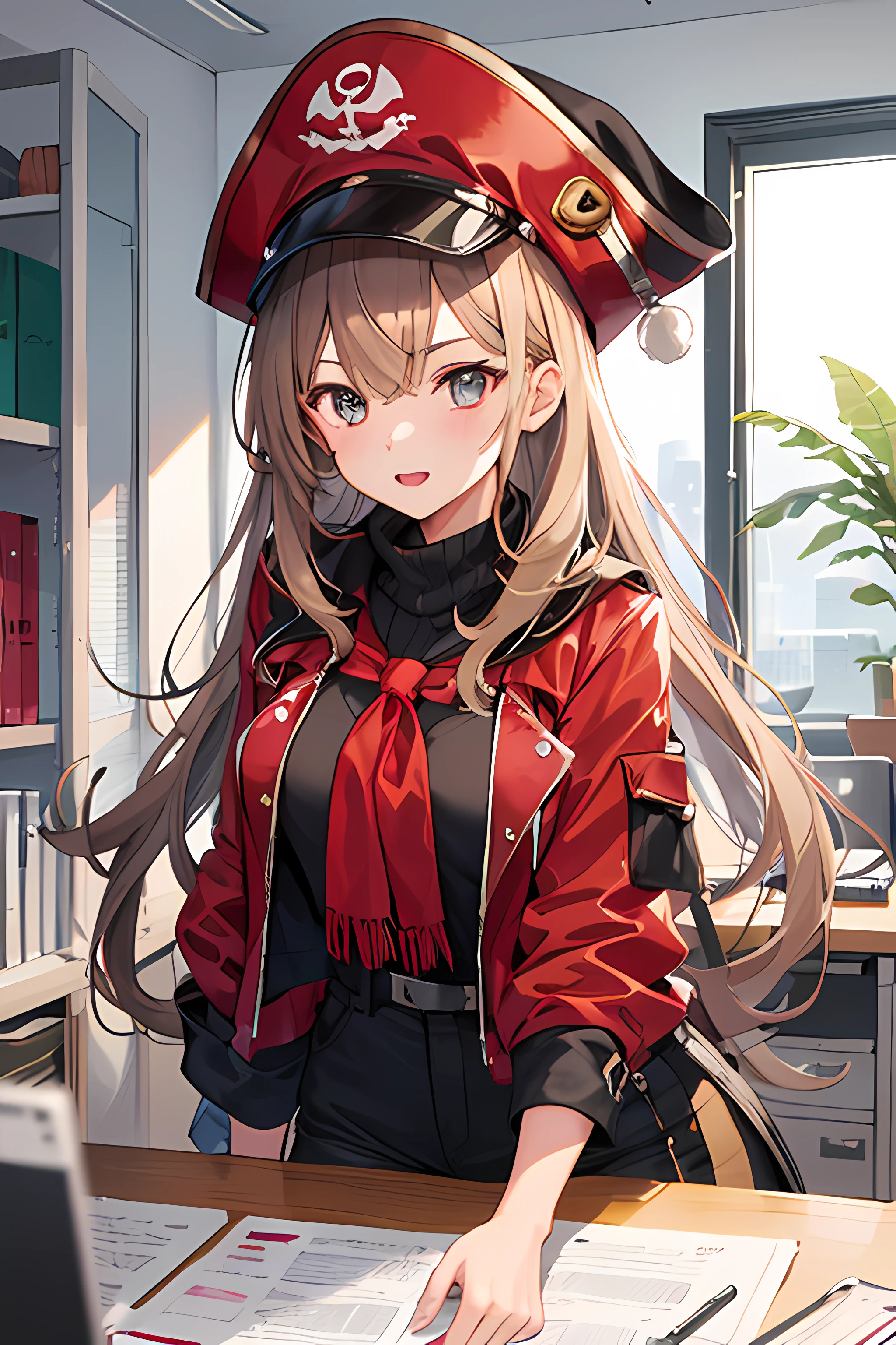 1 girl office, red pirate hat