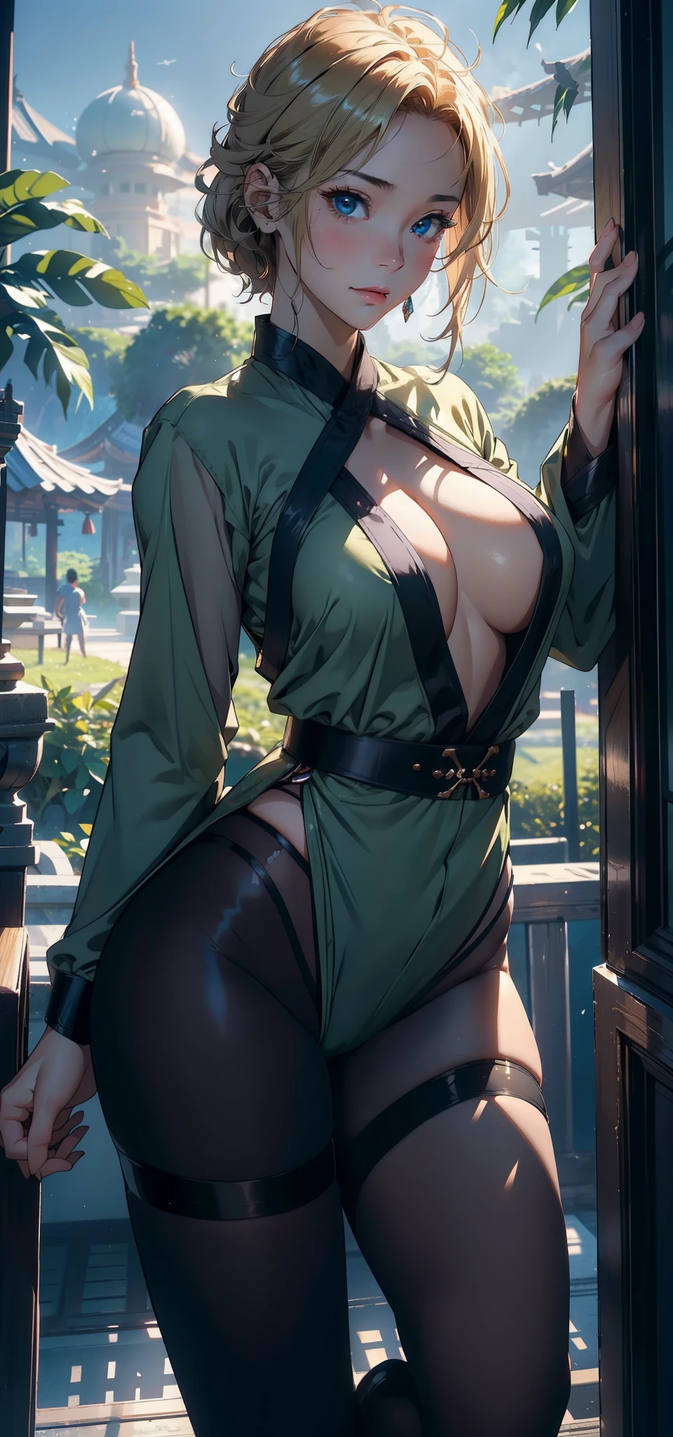 1female,35yo,plum,Pubic hair is large, 独奏,(Background with:the rainforest,aerodrome,Planes) She has very short blonde hair,bobo head,Stand on the plane,,seen from the front, hair straight, The sky is mostly cloudy,(((tmasterpiece),(Very detailed CG unified 8k wallpaper),Best quality at best,电影灯光,detailed back ground,beautidful eyes,Bright pupils,eBlue eyes,(very delicate beautiful),(Beautiful and detailed eye descriptions),ultra - detailed,tmasterpiece,)),facing at the camera,A high resolution,ultra - detailed),revealing breasts,Bare genitals, convex,legs are open,Raised sexy,Camel toes,face flushed,unfulfilled wish,the street,us airforce,Aviator,(dressed in:Dark green Hanfu,black pantyhoses,Bare breasts)