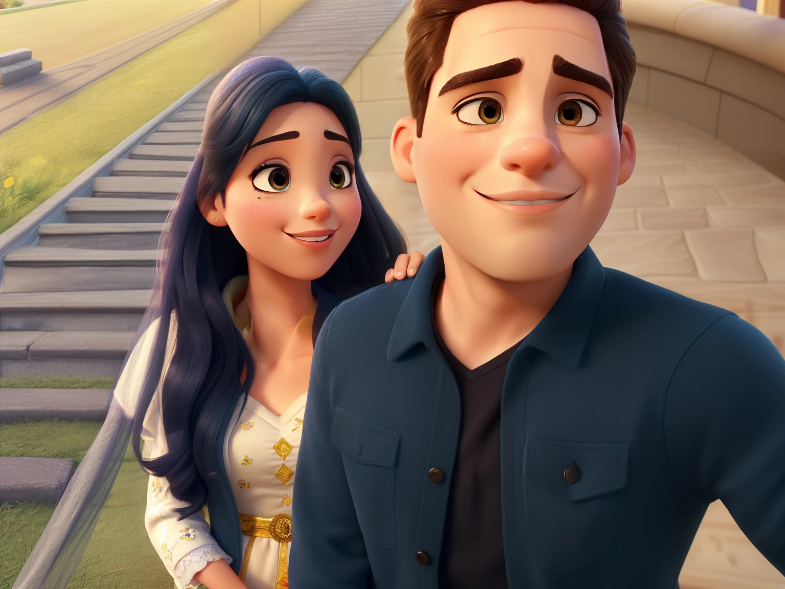 (best quality,highres,masterpiece:1.2),ultra-detailed,(realistic,photorealistic,photo-realistic:1.37),Disney Pixar style,couple (light-skinned man and light-skinned womoving couple, depicted in the enchanting style of Disney Pixar. Their features are beautifully rendered with utmost attention to detail. The man and the woman have light skin tones, radiating warmth and tenderness.

They stand close to each other, their expressions conveying a deep connection and affection. The man's expressive eyes captivate, with finely detailed eyelashes that add a touch of elegance. The woman's eyes are equally mesmerizing, shining with joy and love. Both their eyes are filled with life and emotion.

Their lips, exquisitely detailed, invite smiles and whispering of sweet nothings. Every curve and contour has been meticulously captured, enhancing their charm and bringing them to life.

The couple's appearance is reminiscent of characters from Disney Pixar's timeless stories. Their style is a perfect blend of contemporary appeal and classic elegance. The man exudes charm, dressed in a stylish outfit that complements his features. The woman is dazzling, adorned in a captivating attire that accentuates her beauty.

The surroundings are filled with vibrant colors, contributing to the overall magic and allure of the scene. The lighting is soft and dreamy, illuminating the couple with a warm glow, further enhancing their radiance.

The artwork is of the highest quality, capturing every intricate detail. The level of realism and photorealism is remarkable, bringing the characters to life on the canvas.

This masterpiece is the epitome of artistry, evoking emotions and capturing the essence of love and connection. The meticulous attention to detail and the Disney Pixar style make this artwork a true celebration of romance and enchantment.

As you immerse yourself in this high-res depiction, you will be transported to a world where love and magic intertwine, inspired by the unmistak