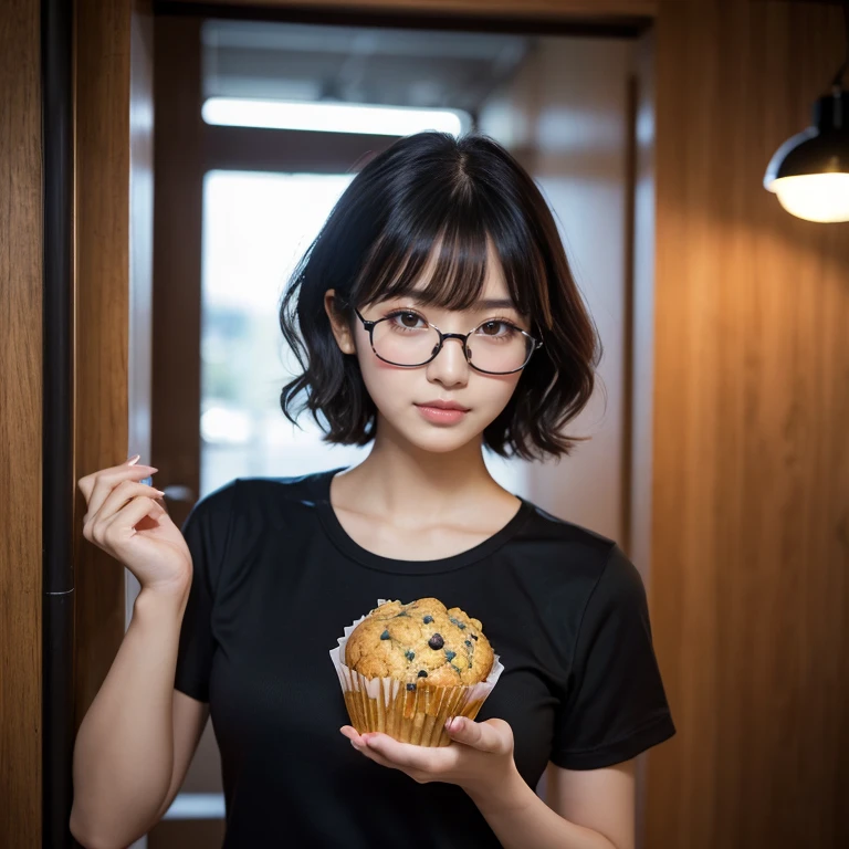 (8K, Raw photo, Best Quality, masutepiece:1.2), 超A high resolution, (photographrealistic:1.2), professional photograpy, (Upper body), japanaese girl, Looking at Viewer, Black eyes, Black hair, Short hair, Curly hair, hair messy, Bangs, Fair skin, Put your hair over your ears, Half Rim Glasses, 22 years old, (smug:1.4), heavy eye makeup, Dramatic Lighting, Cinematic lighting, Radiological technologist, medical blues club, medical black scrub pants, Short sleeve,(Eat muffins:1.2)