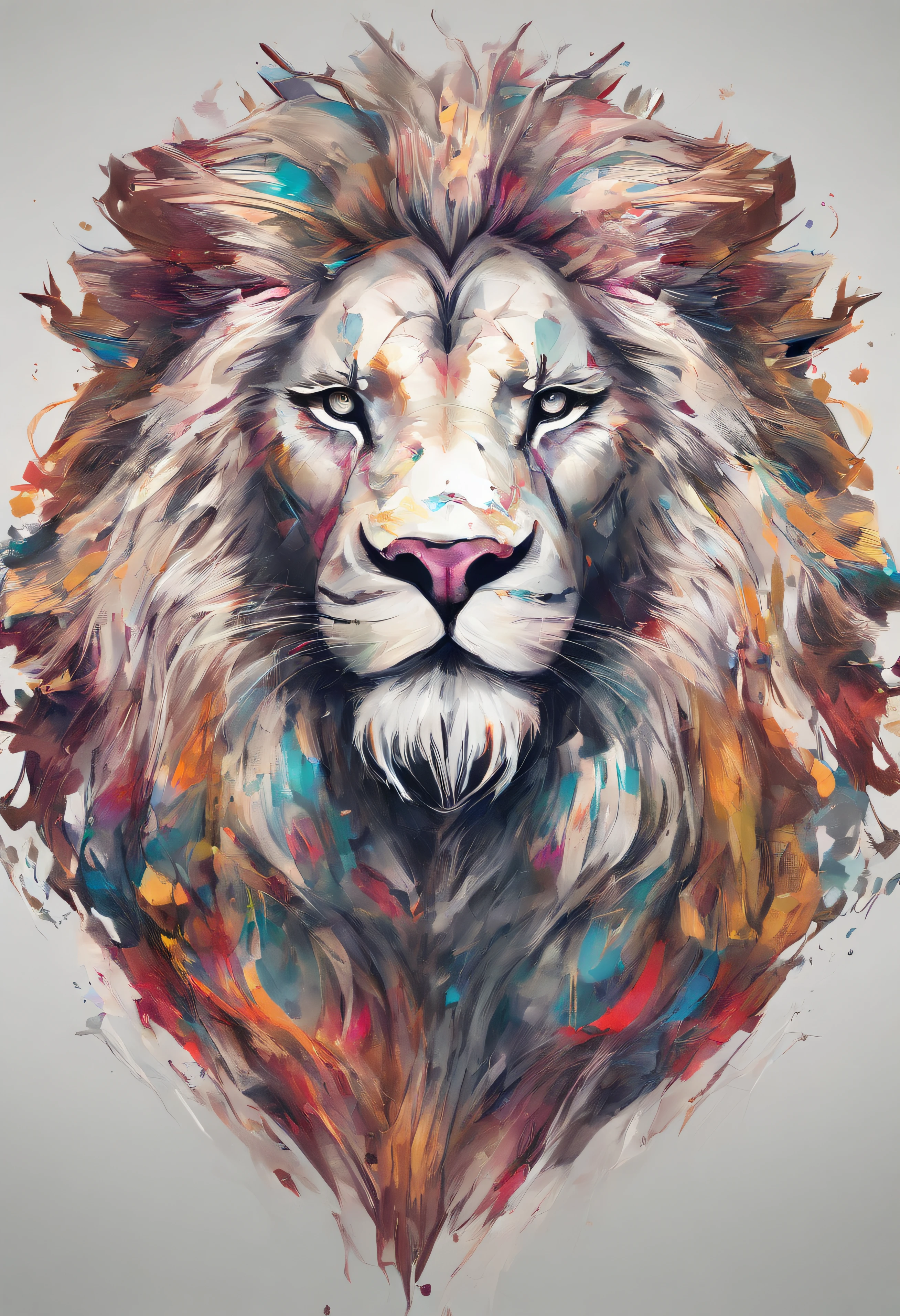 arte splash, a lion head, juba bem detalhada ((fundo branco)), olhos penetrantes, epic instagram, art-station, estilo splash de tinta colorida+, contorno, hiperdetalhado intricadamente detalhado, Motor irreal, genial, detalhes intrincados, tela inicial, cores complementares, conceito realista arte, 8K分辨率, obra-prima do deviantart, oil-painting, pinceladas pesadas, pingos de tinta, artes de salpicos