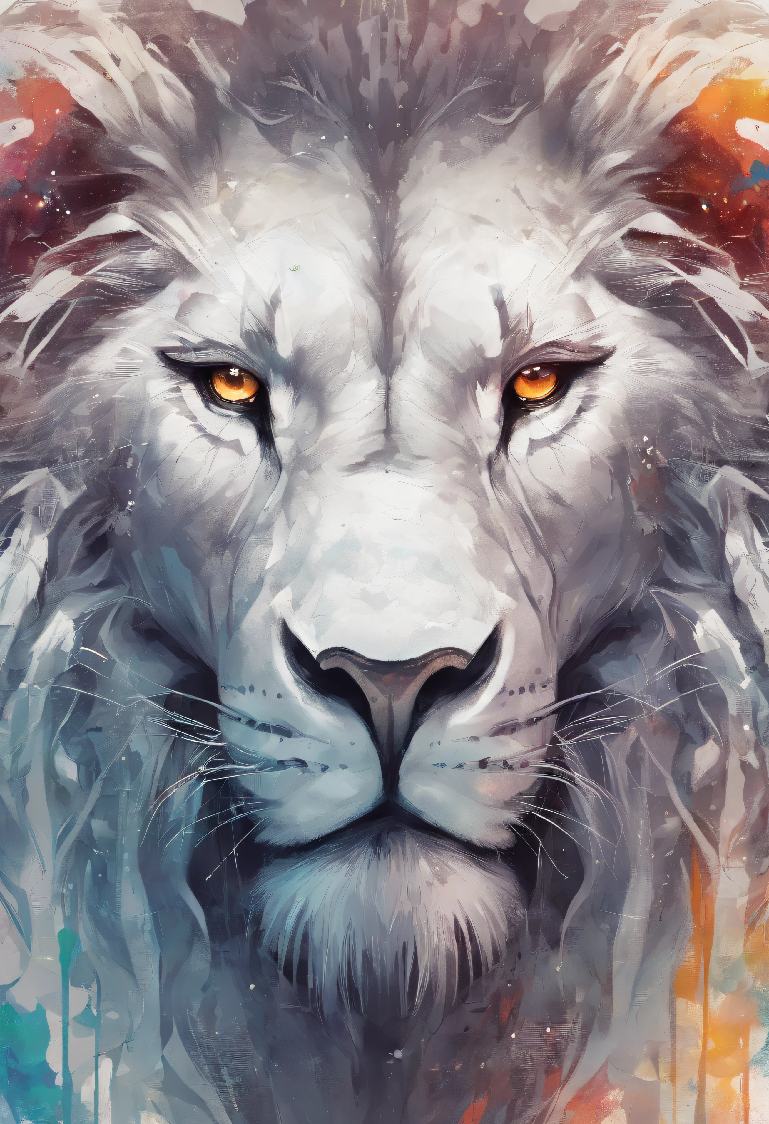 arte splash, a lion head, juba bem detalhada ((fundo branco)), olhos penetrantes, epic instagram, art-station, estilo splash de tinta colorida+, contorno, hiperdetalhado intricadamente detalhado, Motor irreal, genial, detalhes intrincados, tela inicial, cores complementares, conceito realista arte, 8K分辨率, obra-prima do deviantart, oil-painting, pinceladas pesadas, pingos de tinta, artes de salpicos