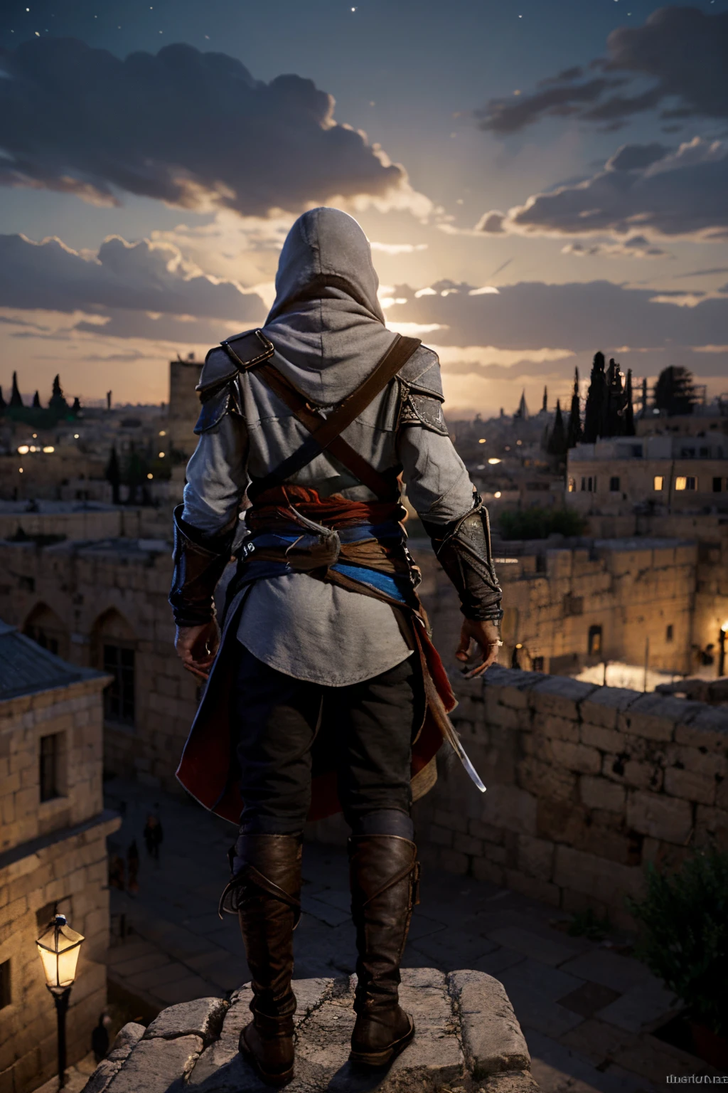 assassins creed eagle jump, altair, jerusalem, up view, back view, night, --w6 --h9, --hd