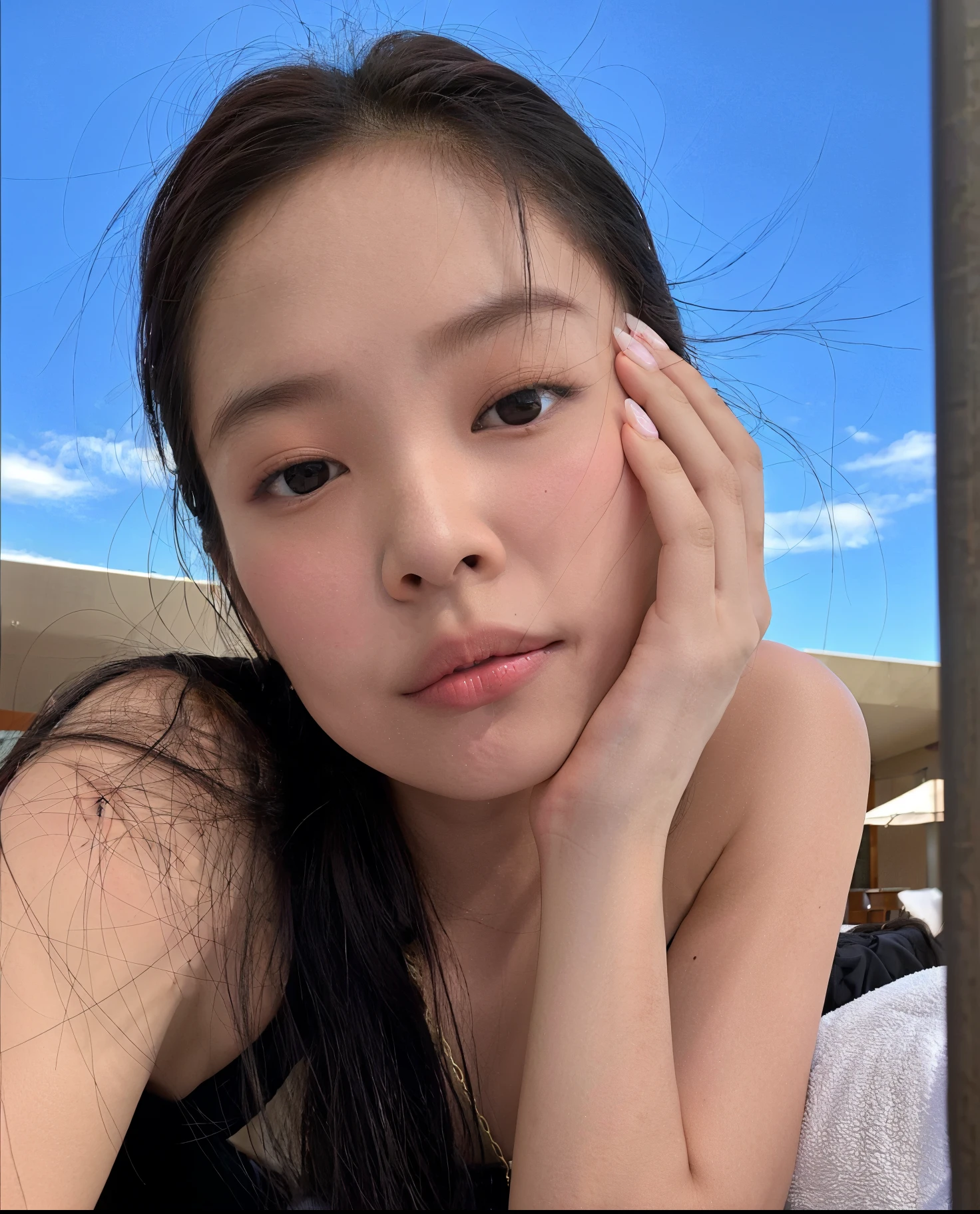 arafed asian woman with long hair laying on a white towel, blackpink jennie, gongbi, gemma chen, heonhwa choe, without makeup, jaeyeon nam, beautiful south korean woman, young adorable korean face, lee ji - eun, lee ji-eun, taejune kim, wenfei ye, roseanne park of blackpink, sha xi