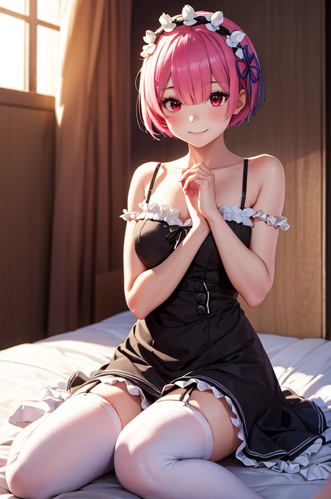masterpiece, best quality, highres, ram1, 1girl, solo, ram \(re:zero\), pink hair, white thighhighs, short hair, red eyes, hair over one eye, ribbon trim, hair ribbon, x hair ornament, frills, maid headdress, waist apron, garter straps, black ribbon, small breasts, bare shoulder, sexy night dress, purple ribbon, hair flower, smile, bed, hands on own knees, sitting, own hands together, nsfw