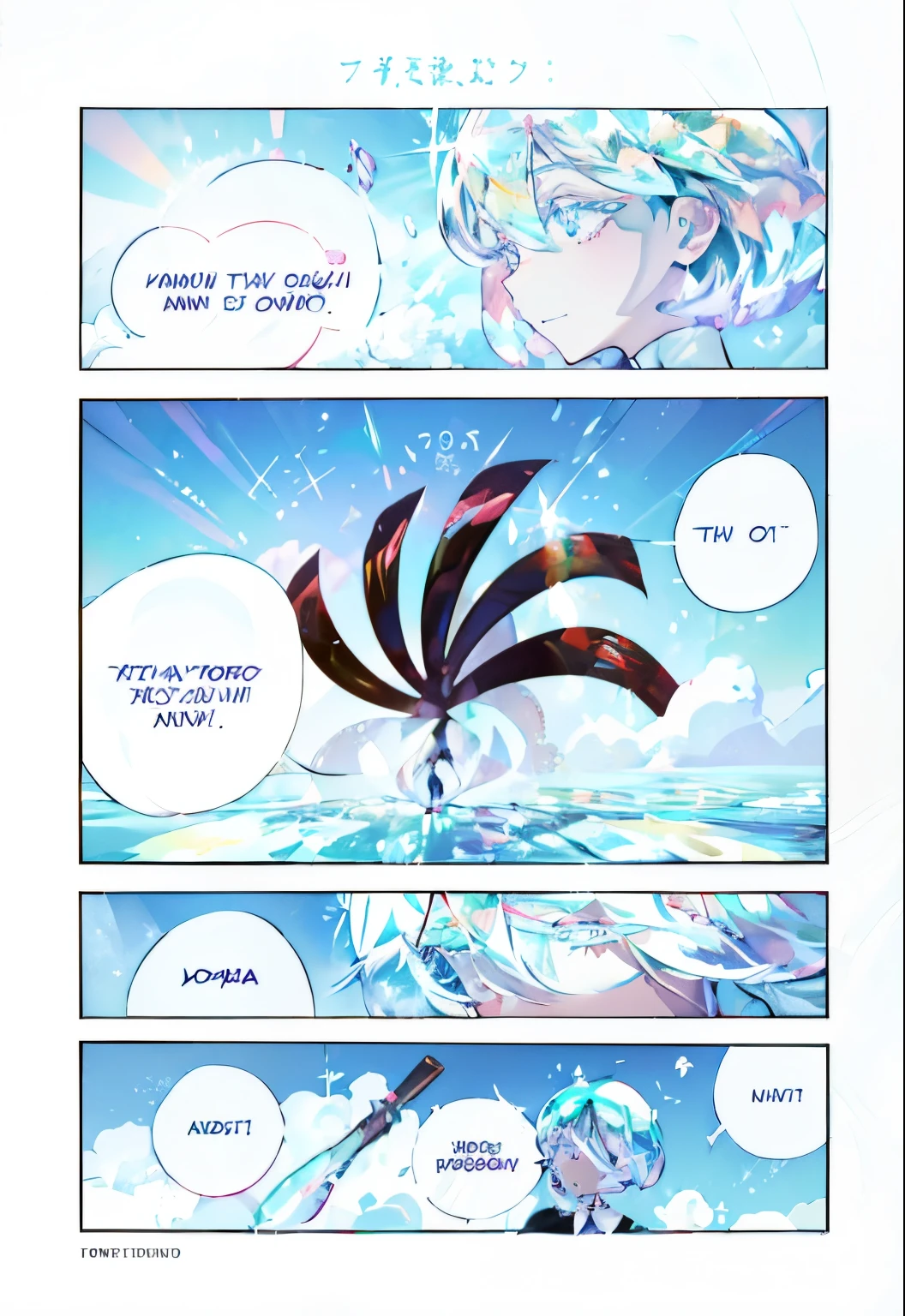 comic book featuring a girl with diamond hair, Manga page, Color manga, anime land of the lustrous, Psychedelic manga, Color manga panel, Color comic strip, Comicbook page, comic style, Color scan of the manga, Very dramatic, white haired deity, Manga color art, Gems, ((radiance, Lots of light)), sparkle of a gem, (( in the style of Ichikawa Haruko)), Stylish deity, Houseki no kuni, The Land of Gems, Diamond from the Land of Gems, ((tmasterpiece)), (((beste-Qualit))), ((ultradetailed)), ((illustartion)), (blue background, white clouds, light mist), Simple background, Blue Sea, illustartion, A kind look, Cute look, wide eyes, Lush eyelashes, side glance, Crystal hair, Glowing Hair, Additional lighting, sparkle, ((Anime clothing "Land of Glitter")), shirt with collar, uniform, tie, puffy short sleeves, Shorts, Smile, puffy short sleeves, Puffy armbands, Shirt, short sleeve, rainbow reflection, mineral hair, mineral life forms, white stockings, white gloves, holds a sword, Rainbow Light, stands with his back to the frame, in the side, Girl with long red hair, 4 frame girl with turquoise hair