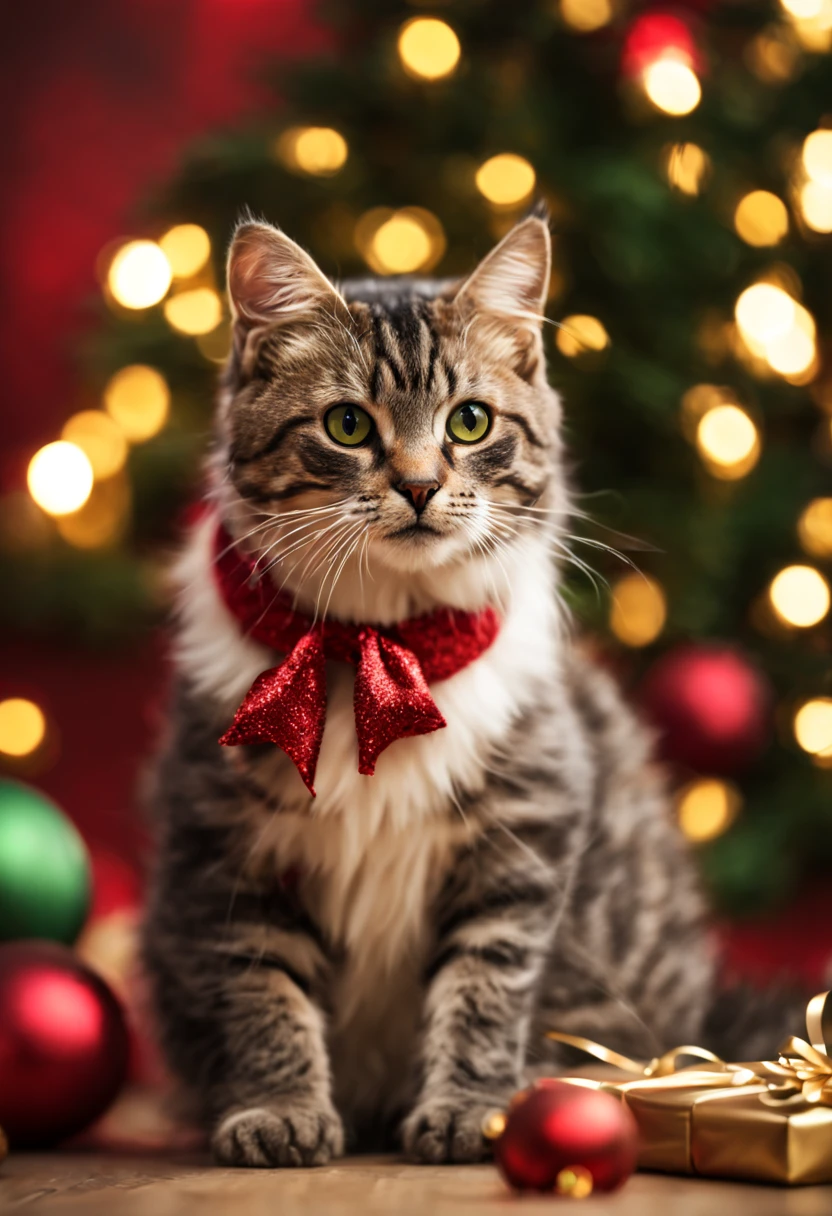 a Christmas cat --style 5i6PP5YAYEmIOsp, 8k uhd, dslr, Dramatic Rim light, high quality, Fujifilm XT3, photography and mixed media art HDRI.