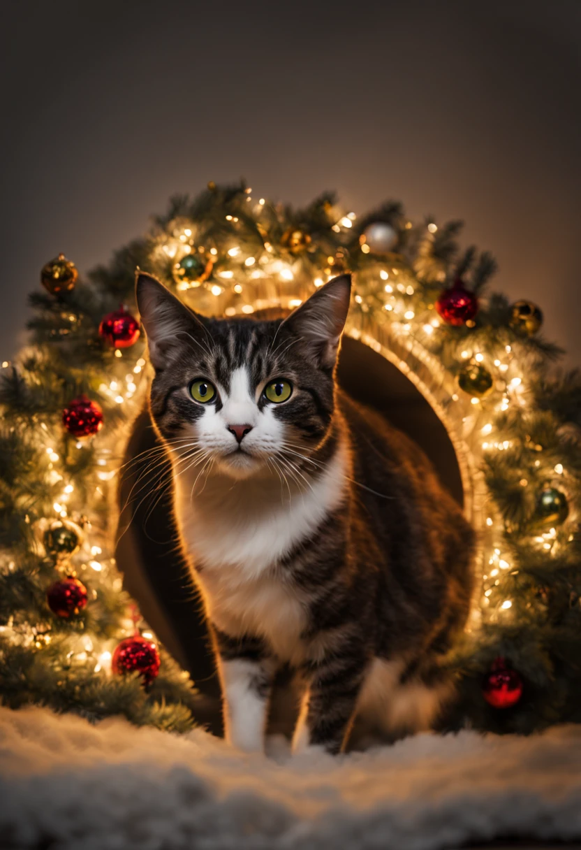 a Christmas cat --style 5i6PP5YAYEmIOsp, 8k uhd, dslr, Dramatic Rim light, high quality, Fujifilm XT3, photography and mixed media art HDRI.