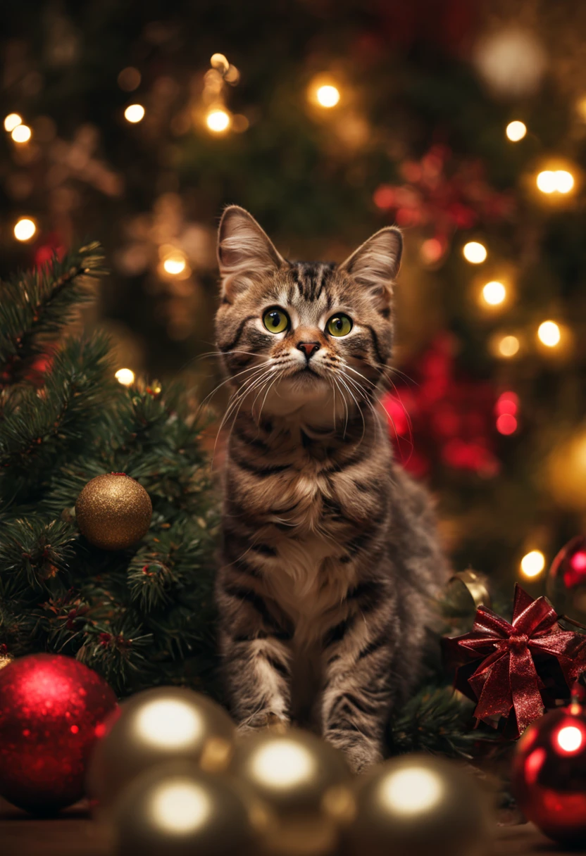 a  Christmas cat --style 5i6PP5YAYEmIOsp, 8k uhd, dslr, Dramatic Rim light, high quality, Fujifilm XT3, photography and mixed media art HDRI.