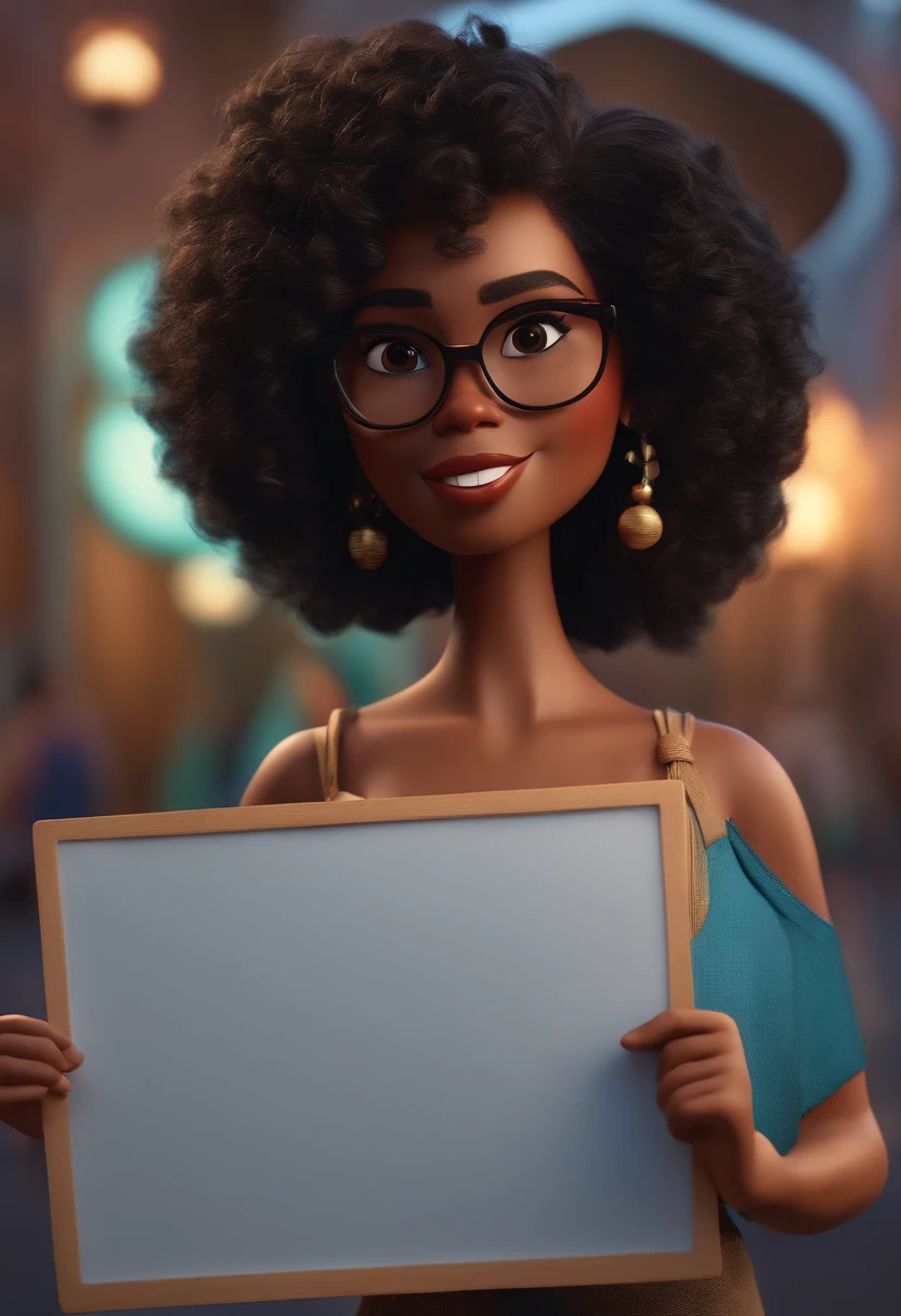 Pixar style image with 3D character white glasses black woman short curly hair holding a blank sign, Maquiagem Disney,Pescador, bonitinho, sorridente ,Close-up, Pixar, Disney, Cinema lighting,