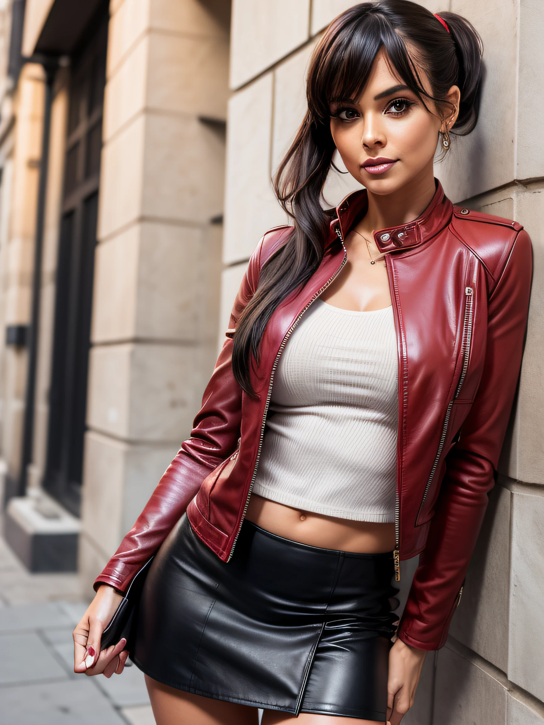 full body Realism, a 35 - year - old girl, dark hair, a ponytail on her head, bangs falling, face, beautiful hairstyle, light makeup, dressed in a red leather jacket, dressed in red leather mini skirt, high hels