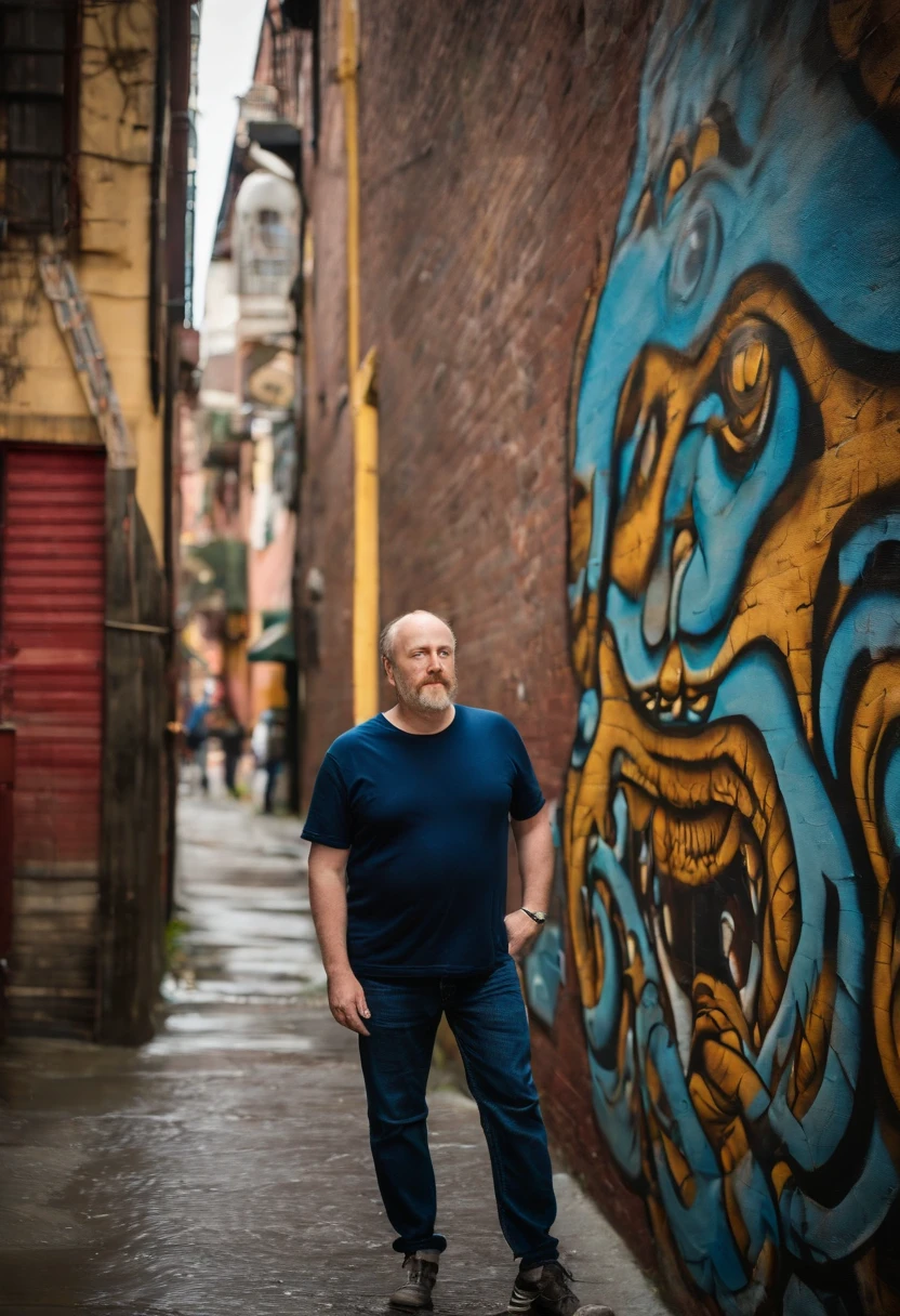A photo of me exploring a street art alley, admiring a vibrant mural of a giant octopus engulfing a vintage car.,stand-up comedy and television,Louis CK, a prominent figure in stand-up comedy and television, is known for his everyman appearance, often sporting a casual, unassuming look with plain black or navy t-shirts paired with jeans. He has a balding head, a fair complexion, and typically presents a somewhat disheveled, unpolished appearance, embodying the persona of an average middle-aged man.