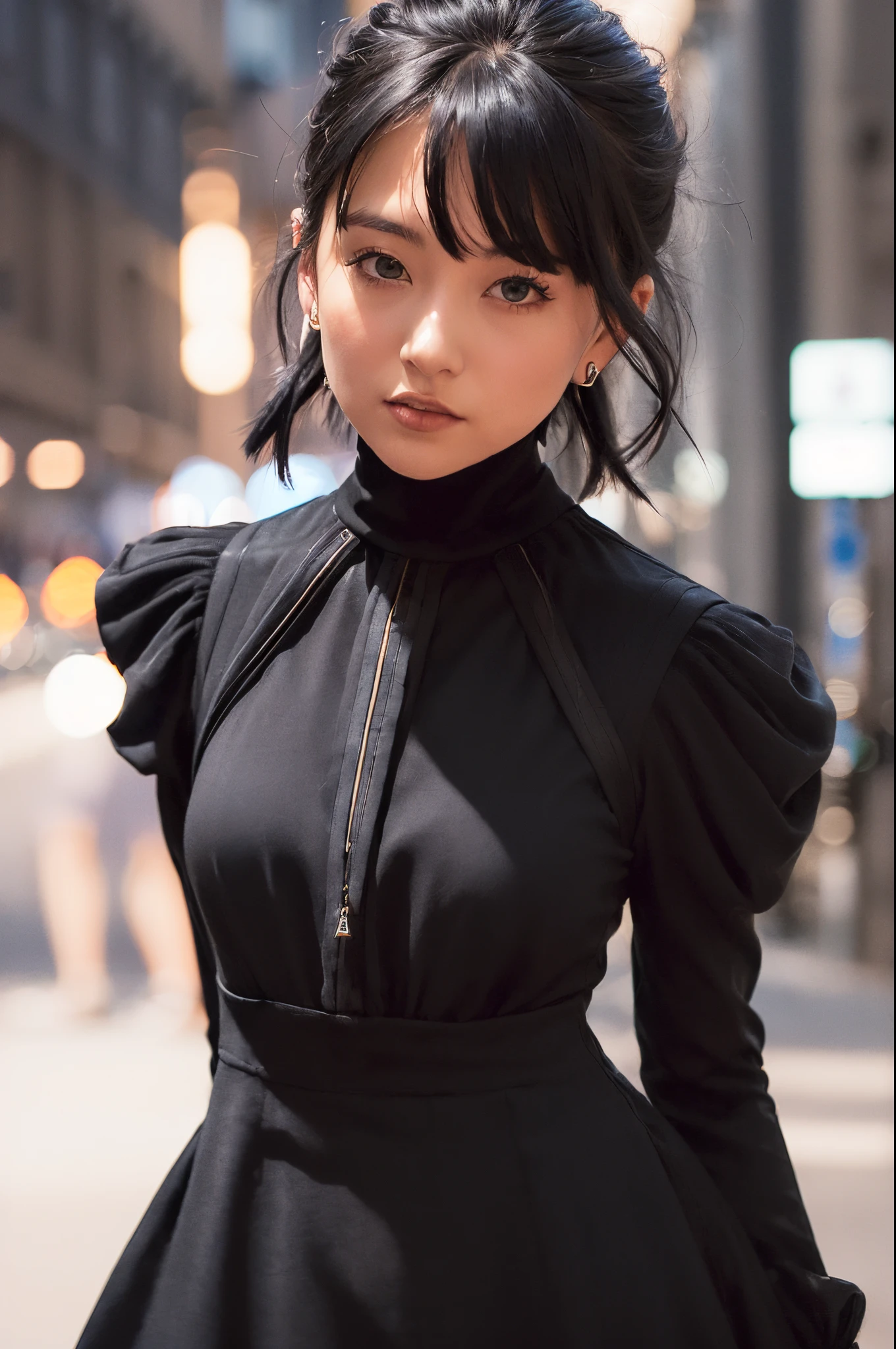 masterpiece photo, woman posing in a street at night, best quality, high res, 8k, 1girl, (small breasts), night, offshoulder, in the dark, deep shadow, low key, cold light, (people, crowds:1), gorgeous, (short hair, pixie cut), beautiful earrings, (dynamic pose:1.5), (upper body:1.2), soft lighting,(dress, black clothes, black high-neck dress:1.5, black dress:1.5, long sleeves:2.0), film grain, Fujifilm XT3, dslr, red lights, (skin details: 1.2), perfect body, wind, shiny skin, looking at viewer, extremely detailed, slight smile, film grain, Polaroid, 35mm, bokeh, depth of field, light on hair, emotional