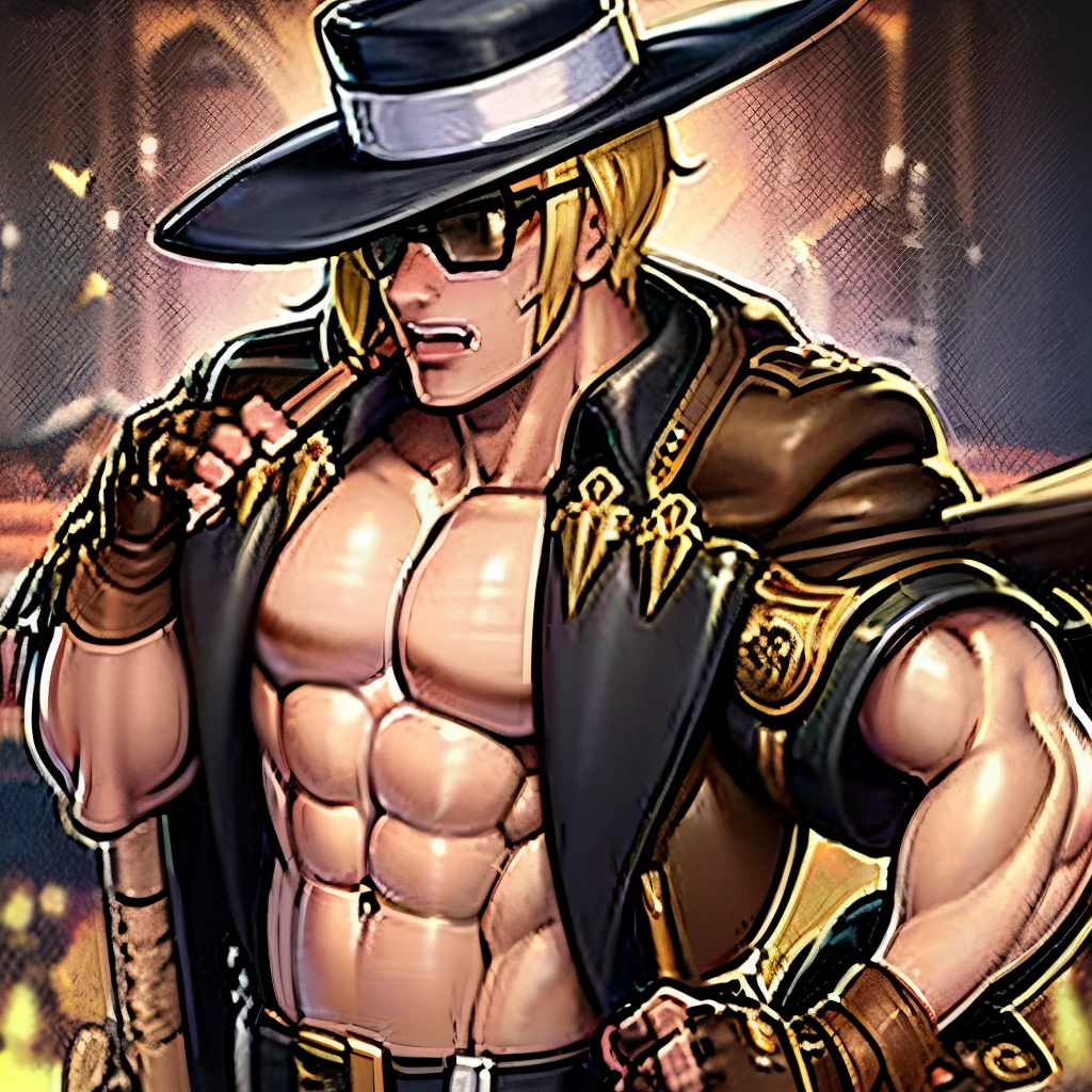 Highly detailed, High Quality, Masterpiece, beautiful, HornyJail, baseball bat, (luscious baseball bat:1.5), 1boy, solo, beaten, (in pain:1.4), cross eyed, johnny, (coat:1.4), (sunglasses:1.4), (brown fingerless gloves:1.4), brimmed cowboy hat, open clothes, pectorals, muscular, abs,