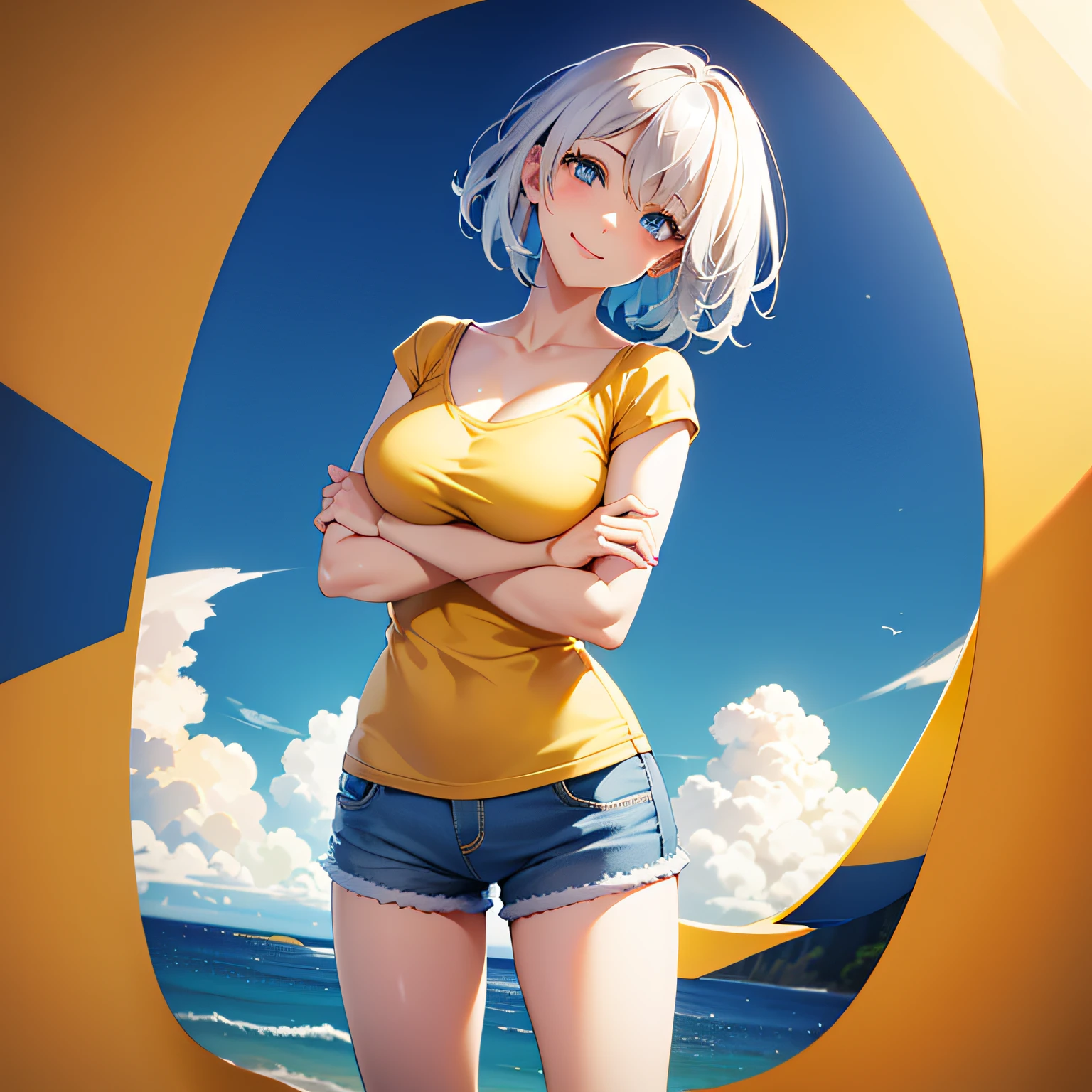 1girl, a italian, short white hair, blue eyes, happy face, wearing plain yellow shirt, denim shorts, beach, absurdres, high res, ultrasharp, looking at viewer, happy face, 8K, masterpiece, UHD