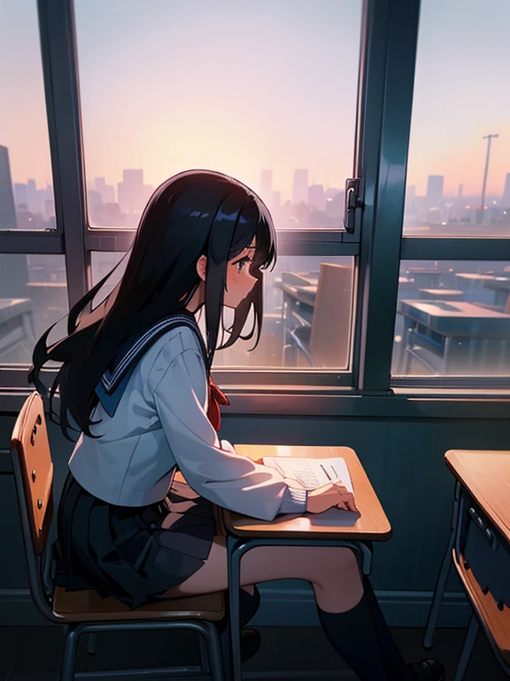 Best quality, (background is a school classroom), 1 girl, sitting on a school chair, looking out the window, (gazing at the view from the classroom window), (classroom scene: 1.3), black long-sleeved sailor uniform, black pleated skirt, black hair, long hair, young girl, school desk, cinematic lighting