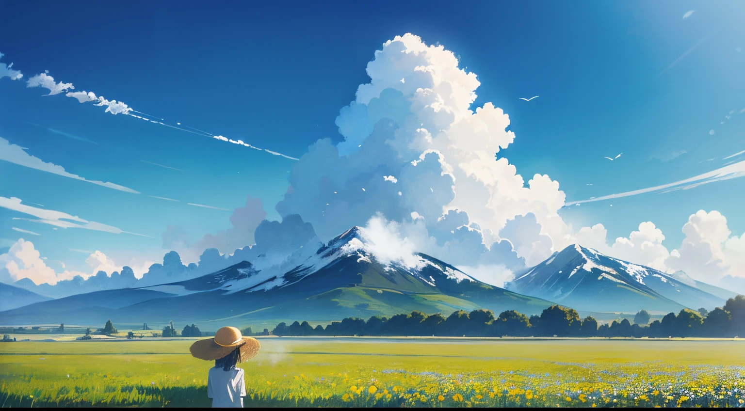 (((best quality))),blue_sky, cloud, cloudy_sky, condensation_trail, dandelion, day, field, flower, flower_field, holding_flower, horizon, kazami_yuuka, mountain, mountainous_horizon, outdoors, sky, straw_hat, summer