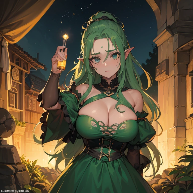 ((1 mulher Frankenstein, pele verde e cinza)),((Blusa rasgada, Roupas rasgadas))),((huge breasts, seios nus, buceta nua, buceta muito peluda)),((Cabelos castanhos e pretos, duas cores)),((1 olho cinza, 1 olho roxo, Hopeless face)),((Standing, Em uma floresta assombrada, at night)),((1 arm behind the back)),