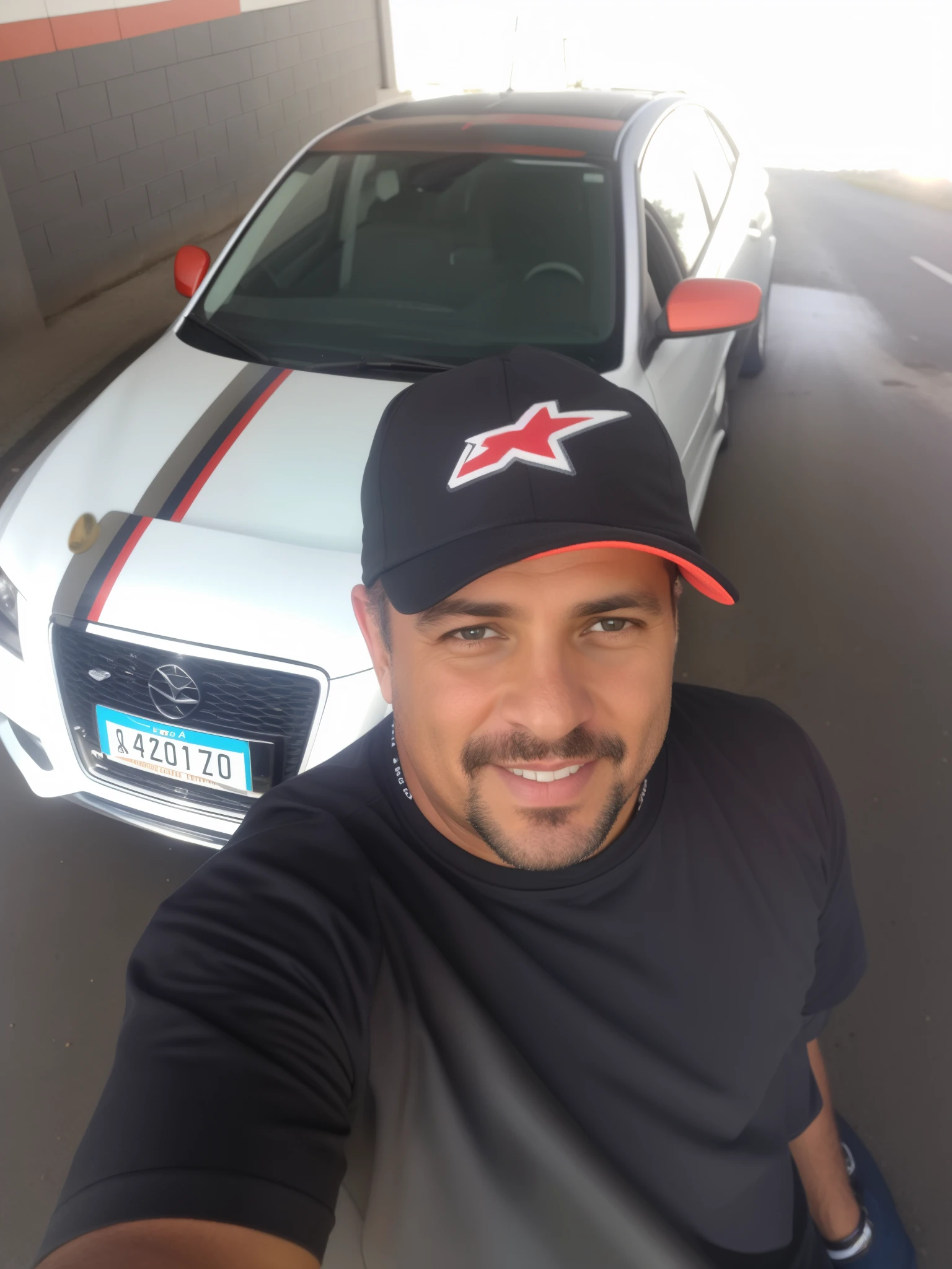 There's a man taking a selfie in front of a car, Directed by: Hubert van Ravesteyn, perfil frontal!!!!, imagem de qualidade muito baixa, ele tem cerca de 5 0 anos de idade, ele tem cerca de 50 anos, Directed by: Lambert Doomer, ele tem cerca de 4 0 anos de idade, ele tem cerca de 40 anos, ele tem cerca de 6 0 anos de idade