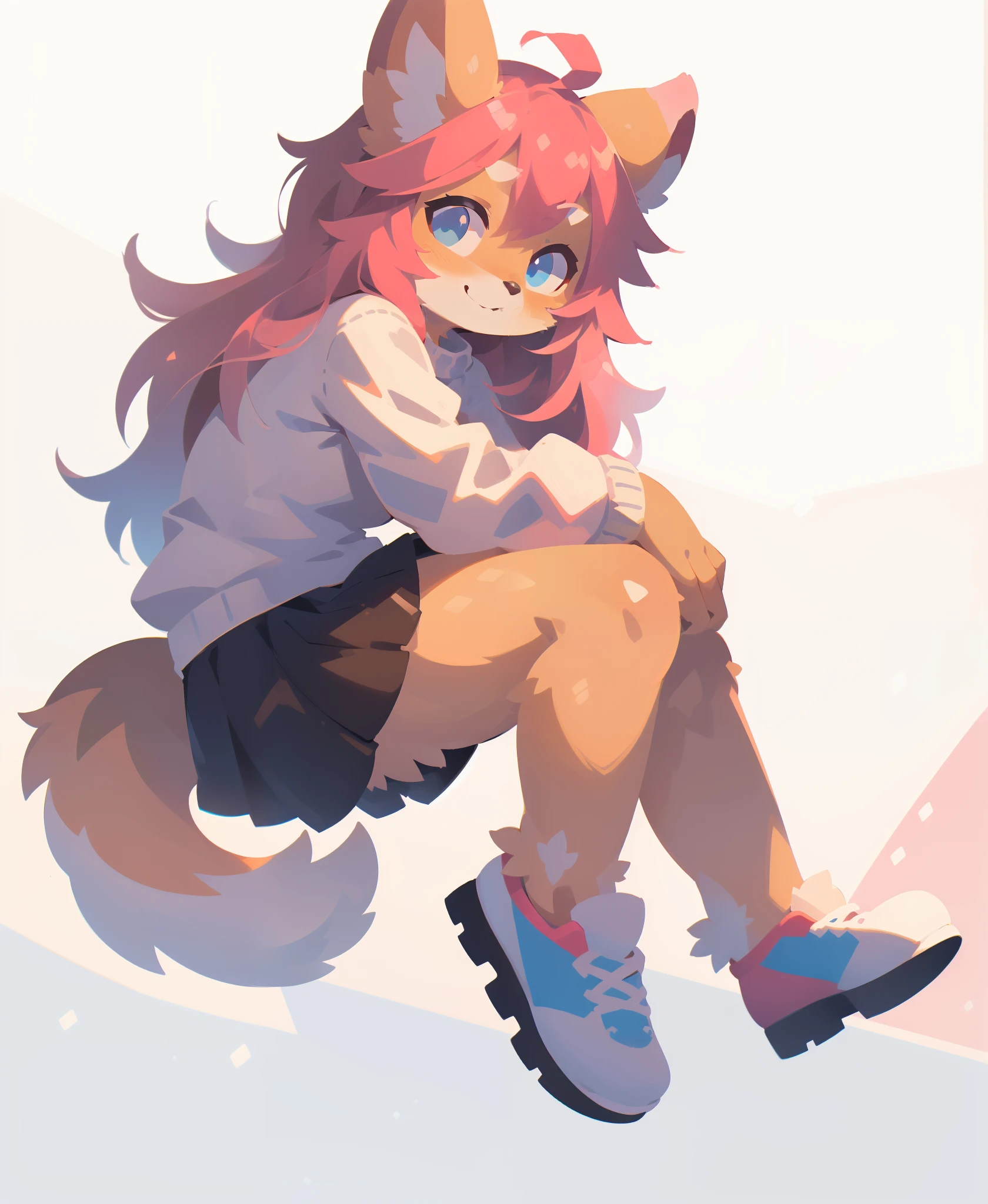 full body, white sweater, long brown skirt, long hair, pink fur, pink hair, (white background:1.3), sneakers, looking at viewer, sitting, smile, blue eyes, (best quality, masterpiece, illustration, ultra-detailed:1.3), (uploaded on e621, furry, anthro, kemono:1.3)