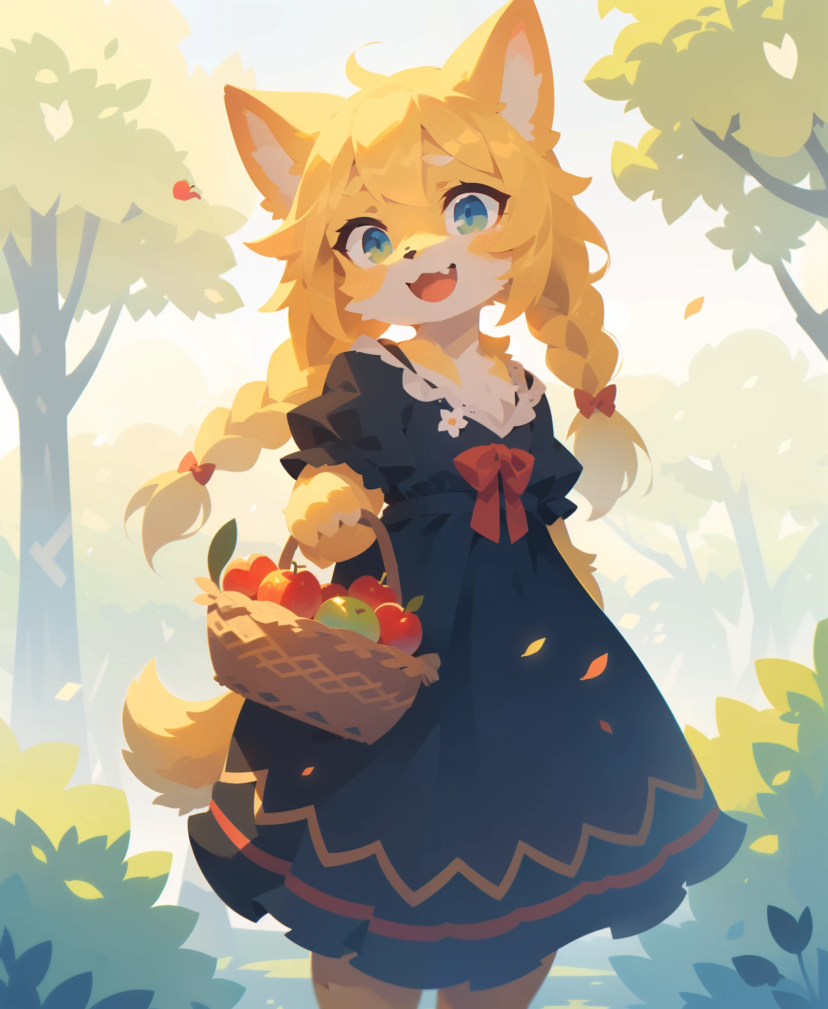 1girl, solo, twintail, twin braids, bow, apple, :d, looking at viewer, holding basket of apples, (blue dress), yellow hair, outdoors, cowboy shot,, (best quality, masterpiece, illustration, ultra-detailed:1.3), (uploaded on e621, furry, anthro, kemono:1.3)