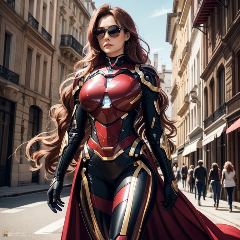 a hyper realistic, 25 Year Old Detailed Mature Woman, cheveux noirs, Long Wavy Hair , red lips, lunettes, Costume Ironman , WarMachine; Sur le champ de bataille, beaux seins, taille mince, chiffre de sablier, collants noirs , beau, absolument magnifique, Looking at the camera in a seductive way,