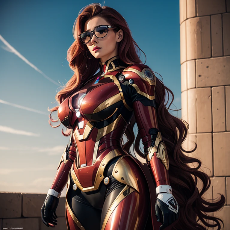 a hyper realistic, 25 Year Old Detailed Mature Woman, cheveux noirs, Long Wavy Hair , red lips, lunettes, Costume Ironman , WarMachine; Sur le champ de bataille, beaux seins, taille mince, chiffre de sablier, collants noirs , beau, absolument magnifique, Looking at the camera in a seductive way,