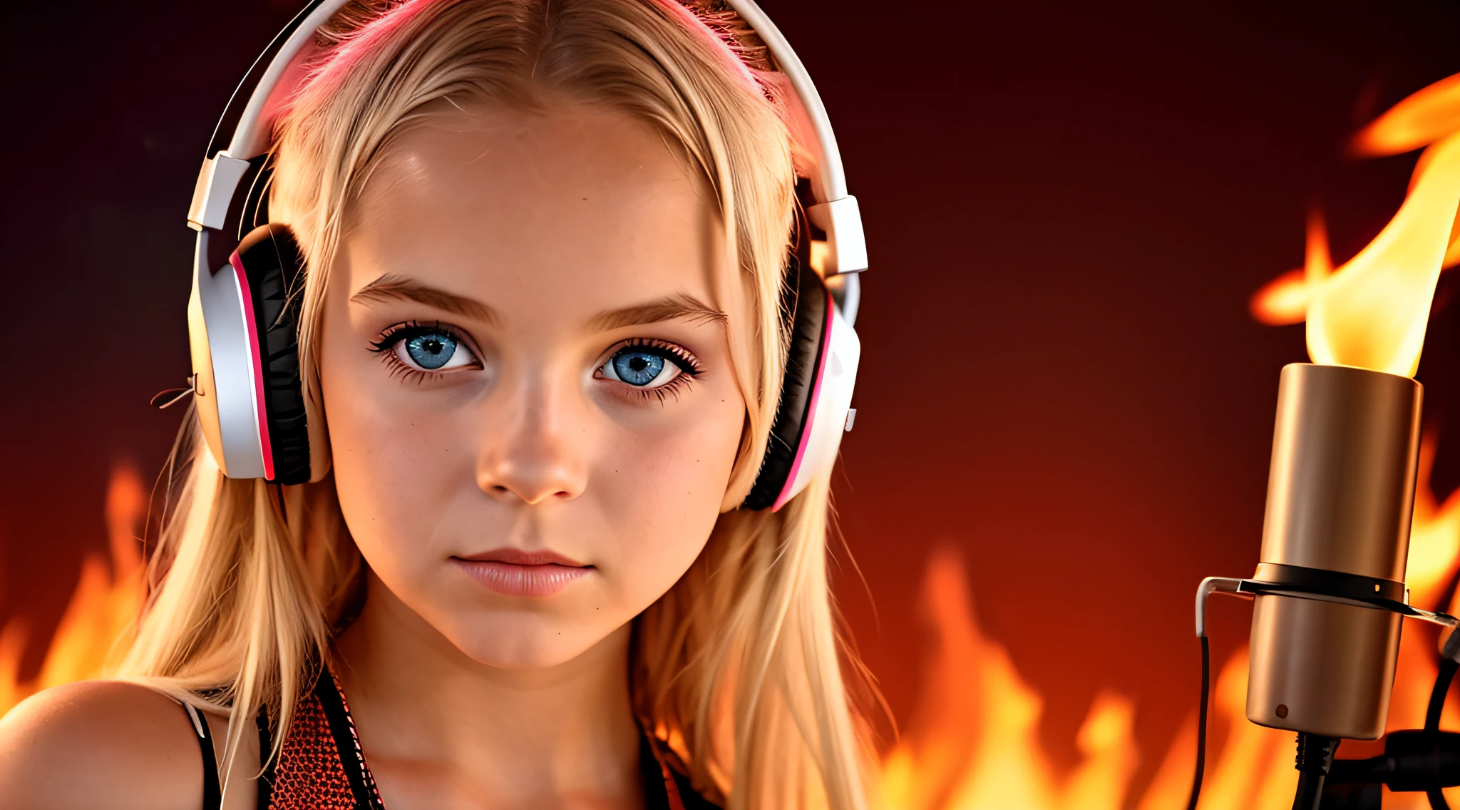  girl BLONDE CHILD, golden eyes, platinum haired girl, there is a woman with neon headphone. and a red background, on fire, flames in the background, flames surround her, fire and flames and smoke, portrait shot, promotional art, red flames in the background, background art, wearing tumultuous flames, flames in the background, closeup portrait photo, Girl wearing headphones, loud music, hair made of fire, music, fiery atmosphere,